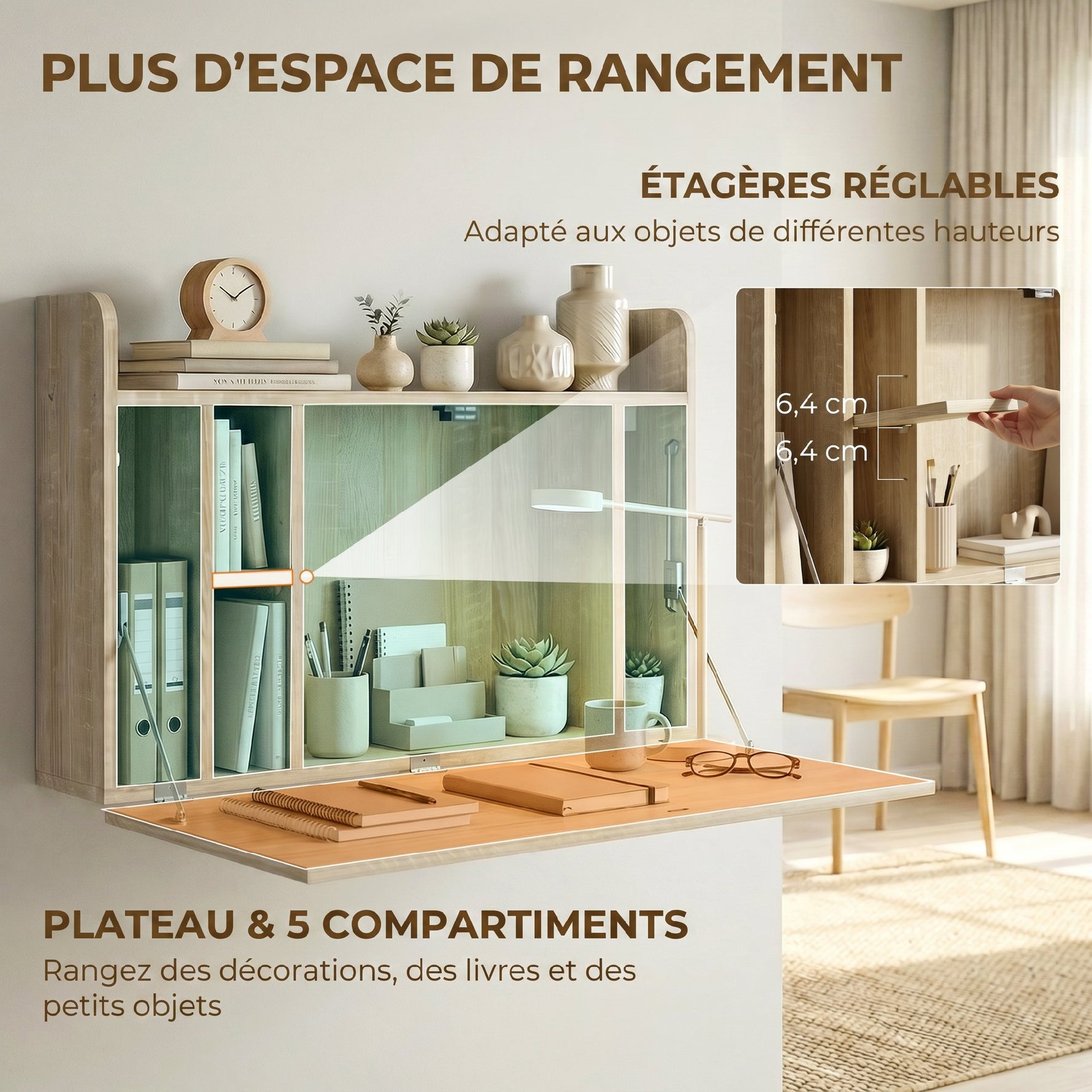 Bureau suspendu table murale table d'ordinateur murale et tablette rabattable avec rangements - 77 x 20 x 51 cm