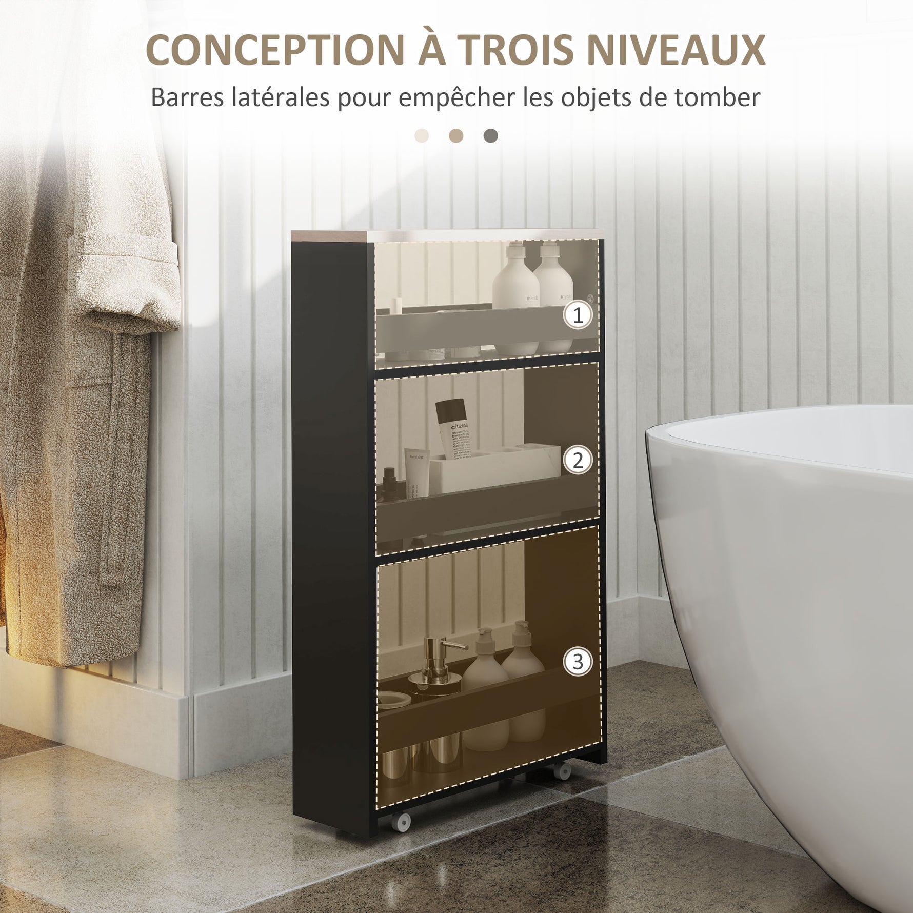 Chariot de rangement à 3 niveaux chariot de stockage étagère sur roulettes avec poignée - 48 x 15 x 80 cm noir