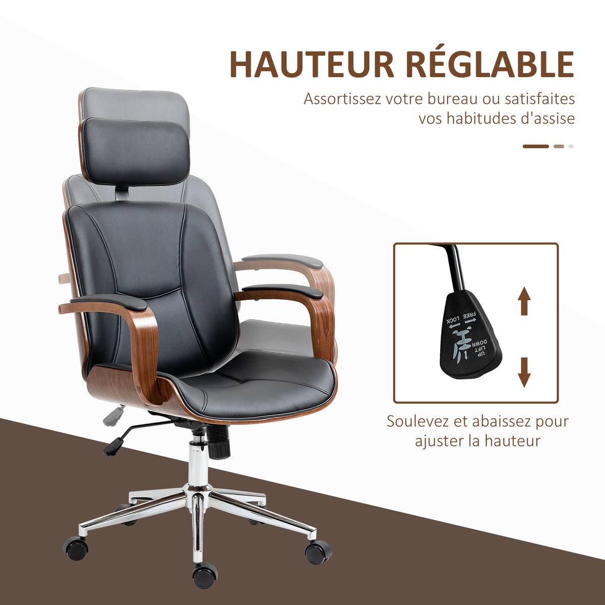 Fauteuil de bureau, chaise de bureau avec appui-tête amovible hauteur réglable et fonction de bascule, 66x65x125cm, noir