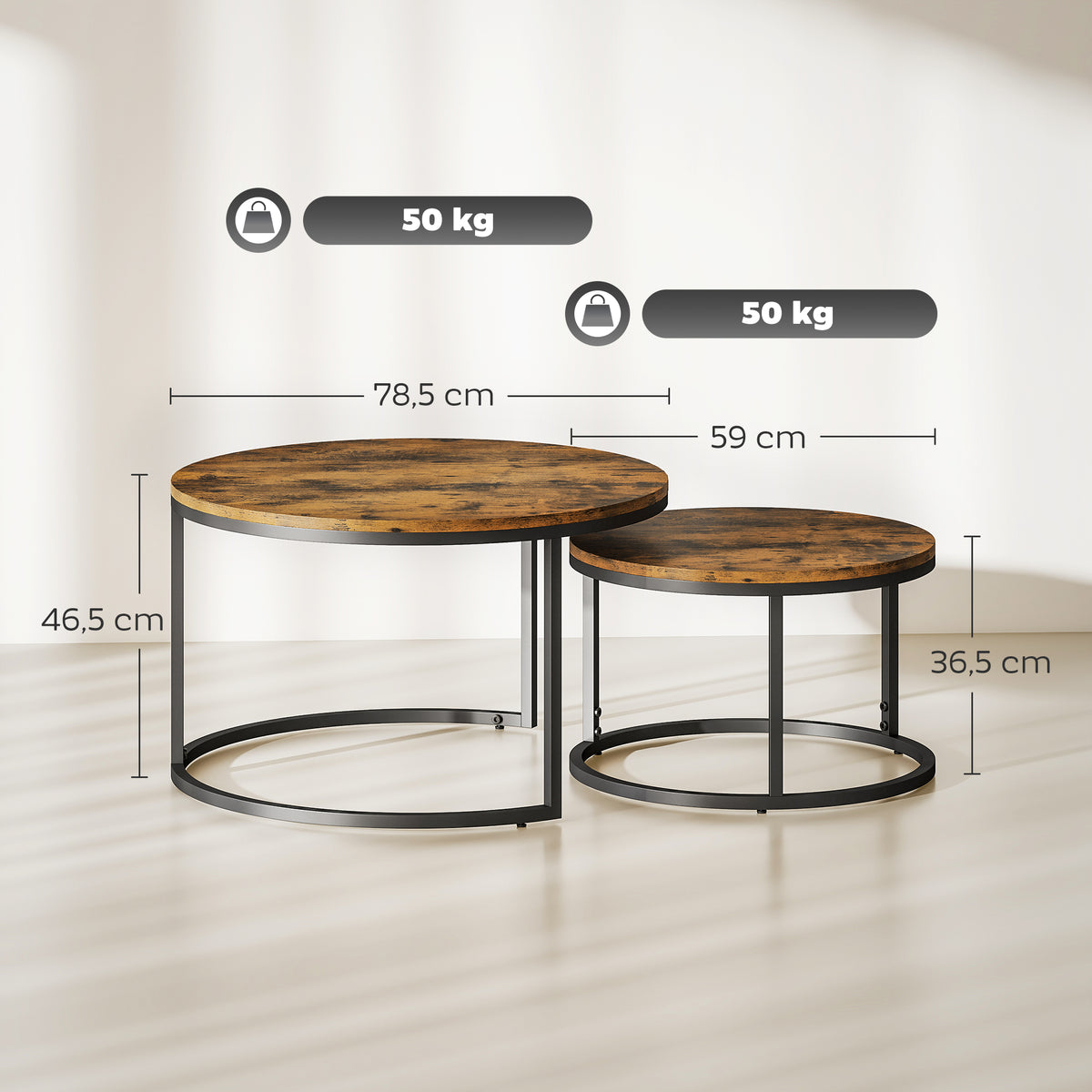 Lot de 2 tables basses gigognes empilable design industriel plateau imitation ciment pieds en métal brun rustique