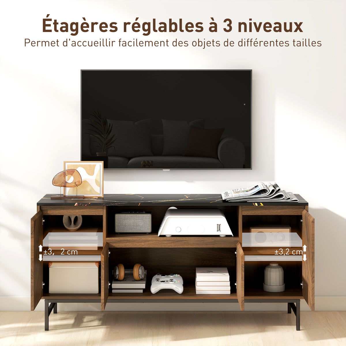 Meuble TV jusqu'à 65 pouces meuble télé bois avec compartiment ouvert et passe-câbles, effet marbre, 140x39x66cm, noyer