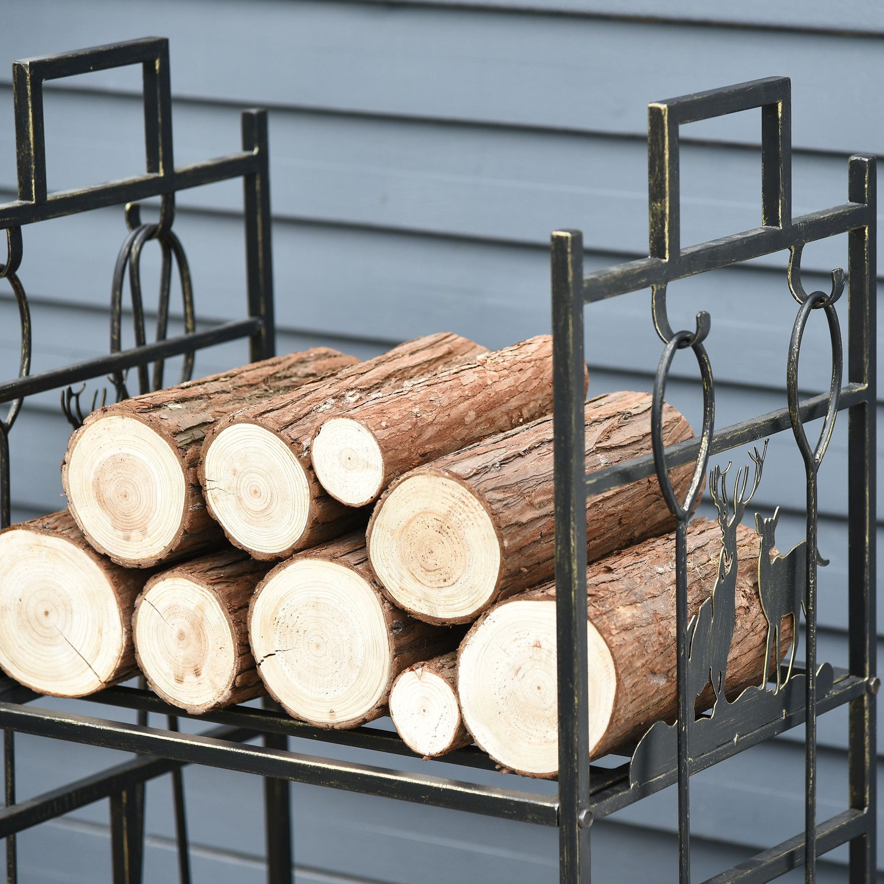 Porte-bûches range bûches étagère à bois de cheminée serviteur de cheminée cerf multi-accessoires 2 étagères dim. 51,5L x 33l x 77H cm métal noir or vieilli
