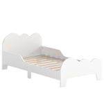 Toddler floor bed 70x140 cm with safety rail, slatted base included, and cloud decorations, white