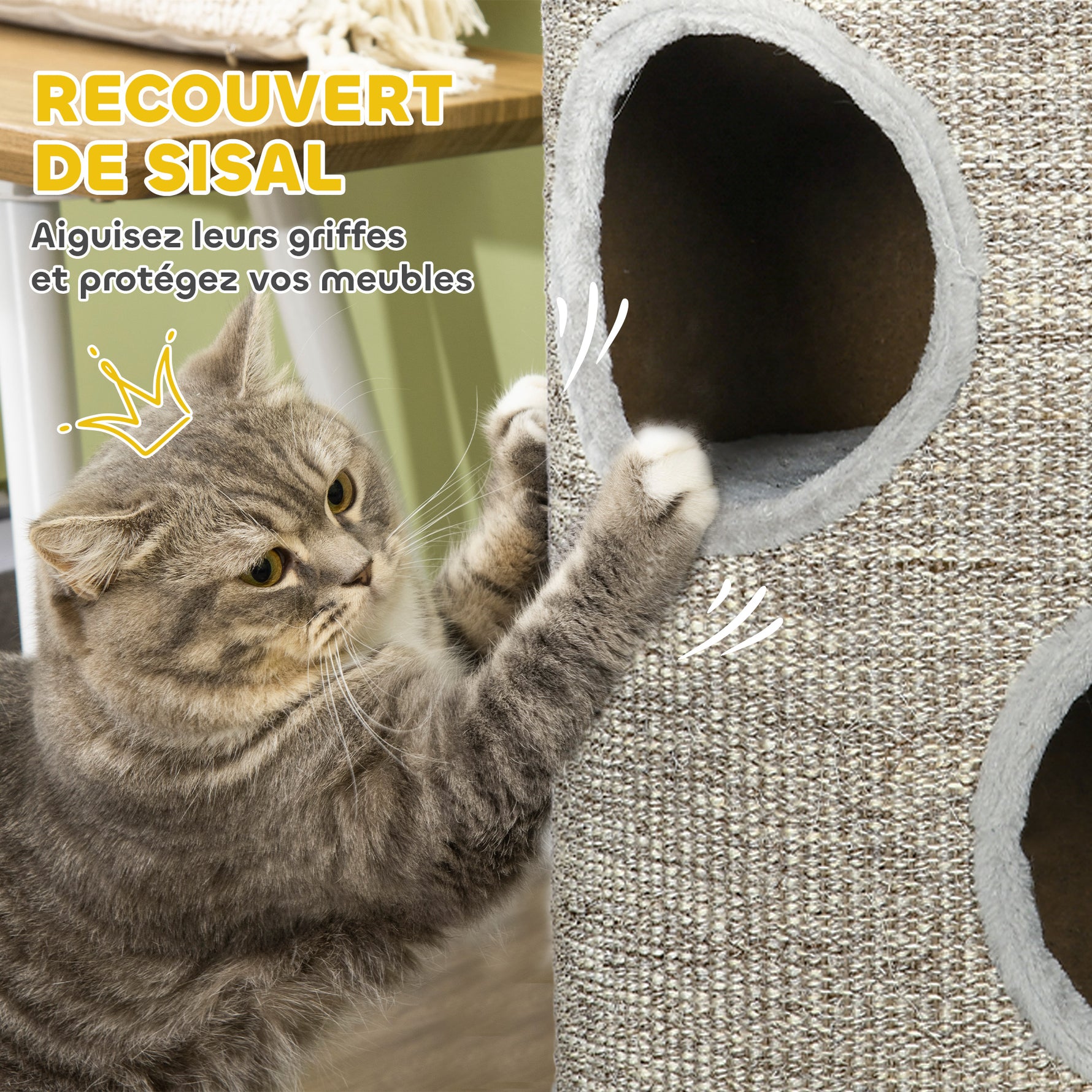 Tonneau à gratter pour chat, tour à griffer en sisal à 3 niveaux recouvert de peluche, Ø 38 x 70 cm, gris