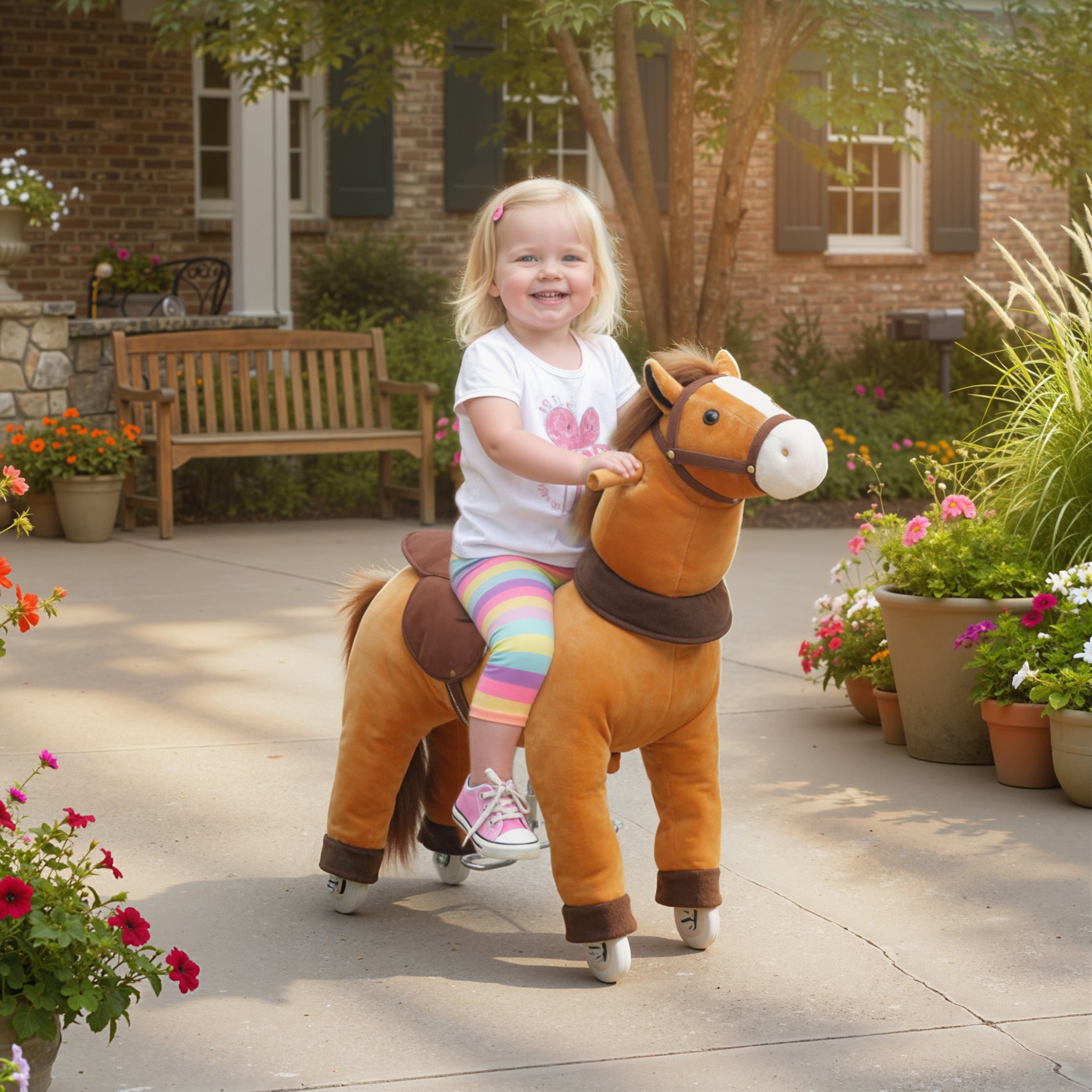 Cheval à Monter pour Enfant, Cheval à Roulettes en Peluche, Poignée, 75 cm de Haut, pour 3 à 5 Ans, Marron