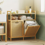 Meuble salle de bain en bambou, armoire salle de bain avec 2 paniers à linge et 2 étagères, 82x33x88cm, bois naturel