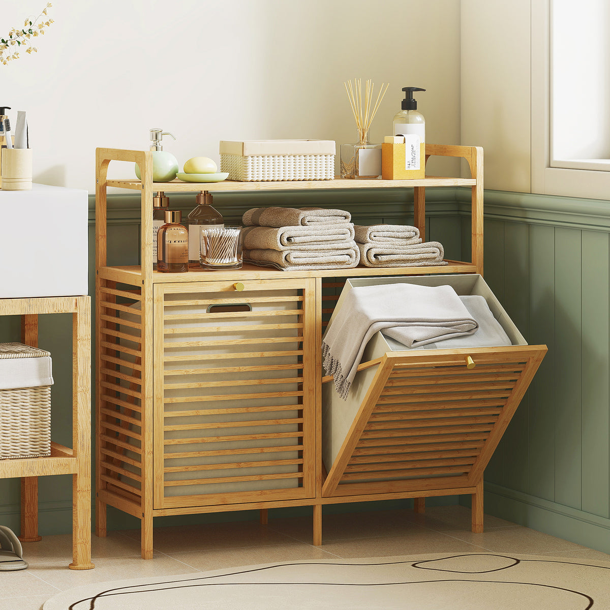 Meuble salle de bain en bambou, armoire salle de bain avec 2 paniers à linge et 2 étagères, 82x33x88cm, bois naturel