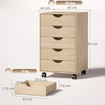 Caisson bureau mobile, meuble rangement sur roulettes avec 5 tiroirs, bois, 40 x 40 x 67 cm, chêne