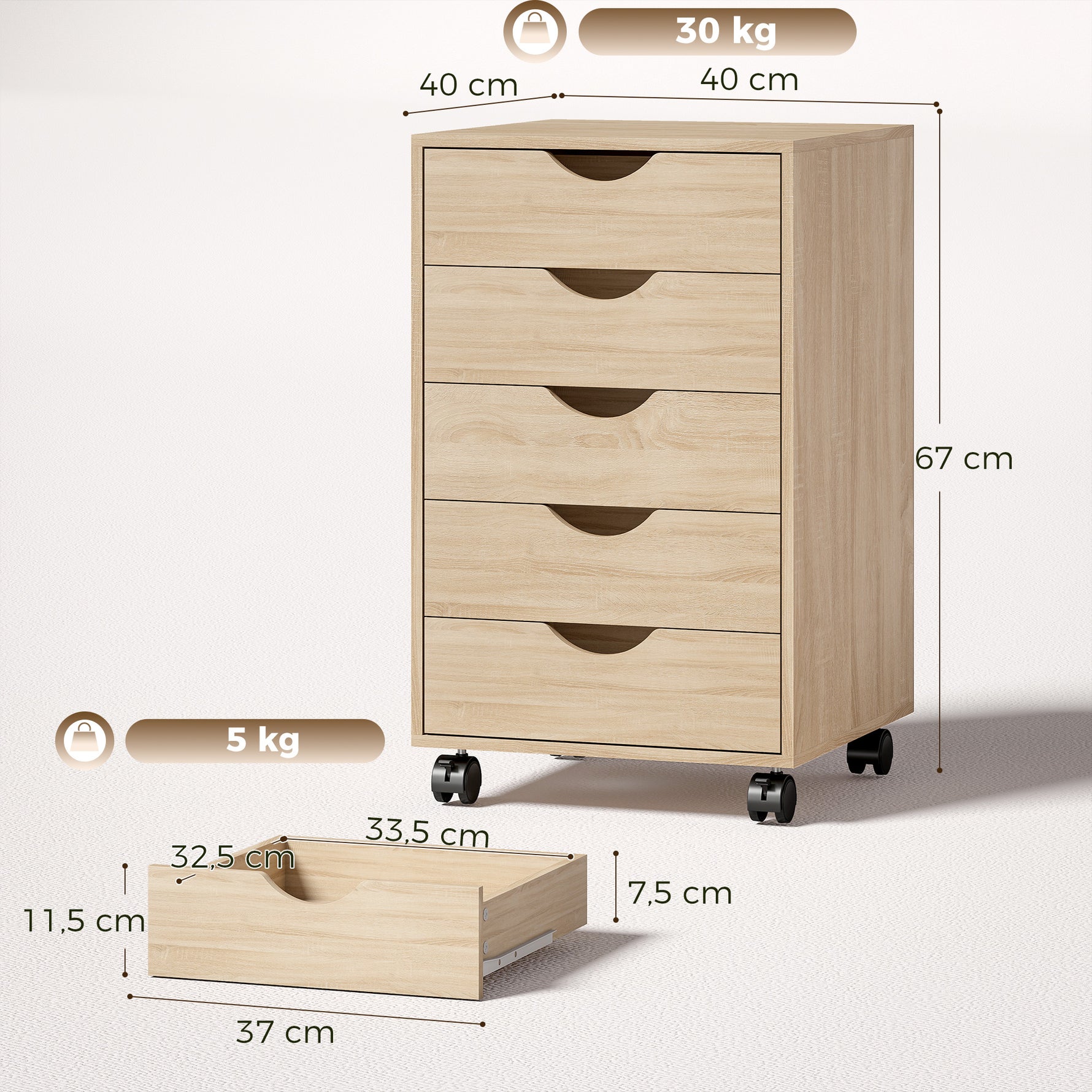 Caisson bureau mobile, meuble rangement sur roulettes avec 5 tiroirs, bois, 40 x 40 x 67 cm, chêne