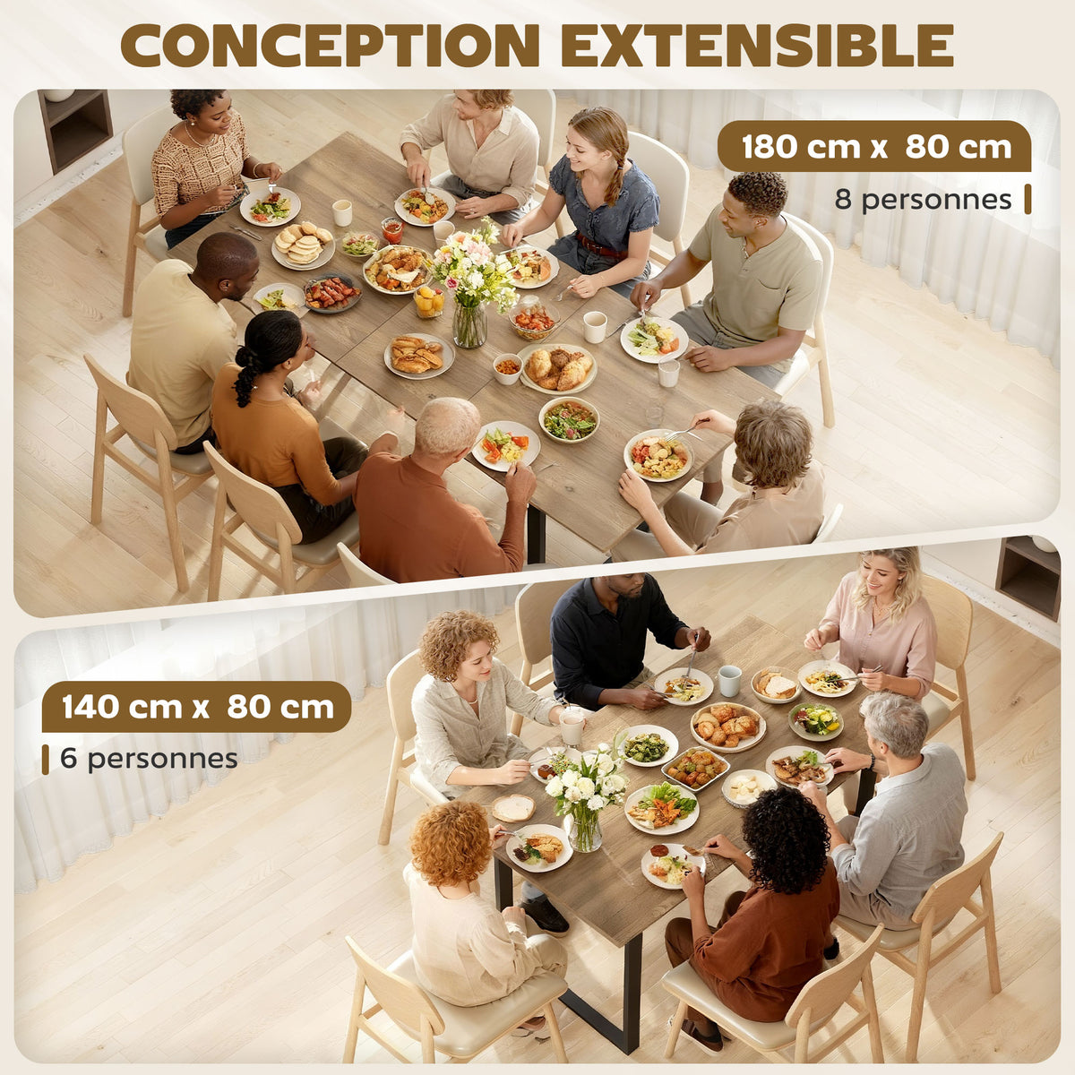 Mesa de comedor rectangular extensible para 6 a 8 personas, mesa de cocina con extensión de 140-180 cm, efecto madera natural