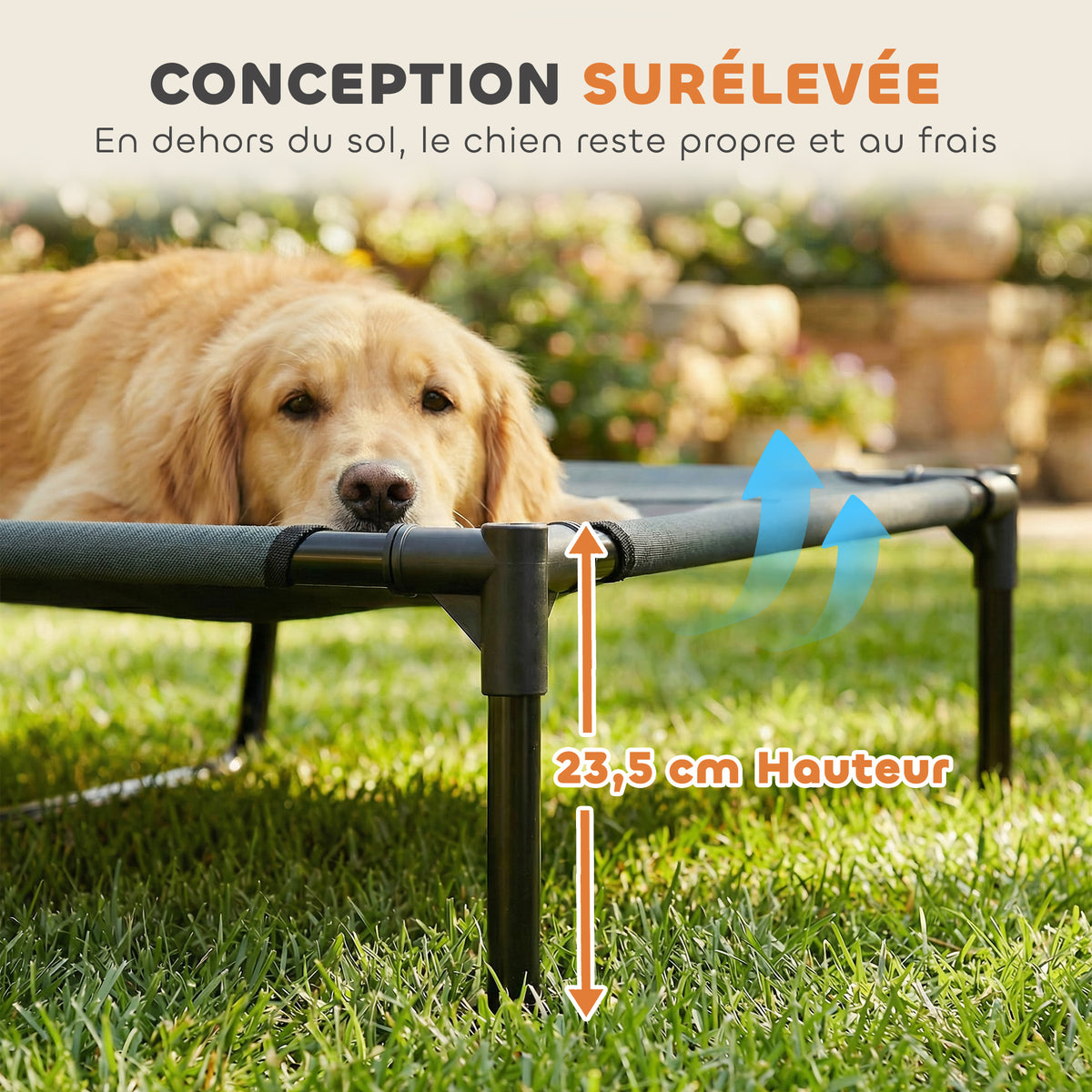 Lit Chien Sureleve avec Parasol, Lit de Camp Chien Chat sur Pieds Tissu Oxford Respirant, Anti-UV Cadre en Métal Sac de Transport Inclus Couchage Extérieur pour Chat 122 x 92 x 108 cm Gris Noir