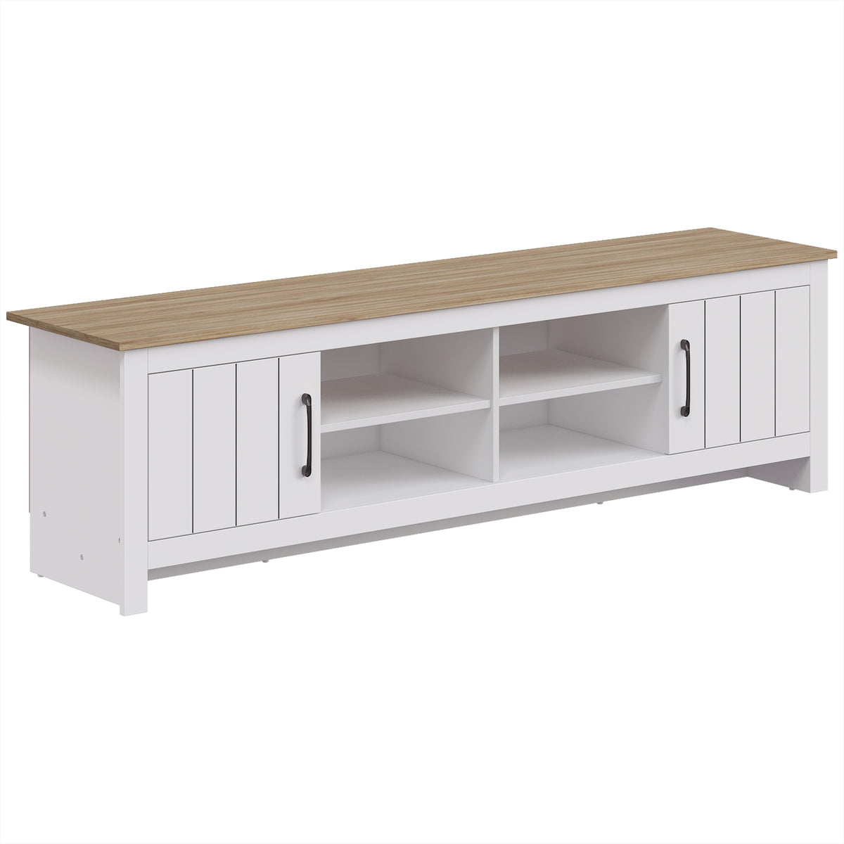 Meuble TV 175 cm, Meuble Télé pour Téléviseur jusqu'à 55 Pouces avec 2 Portes et 4 Compartiments Ouverts, Chêne et Blanc