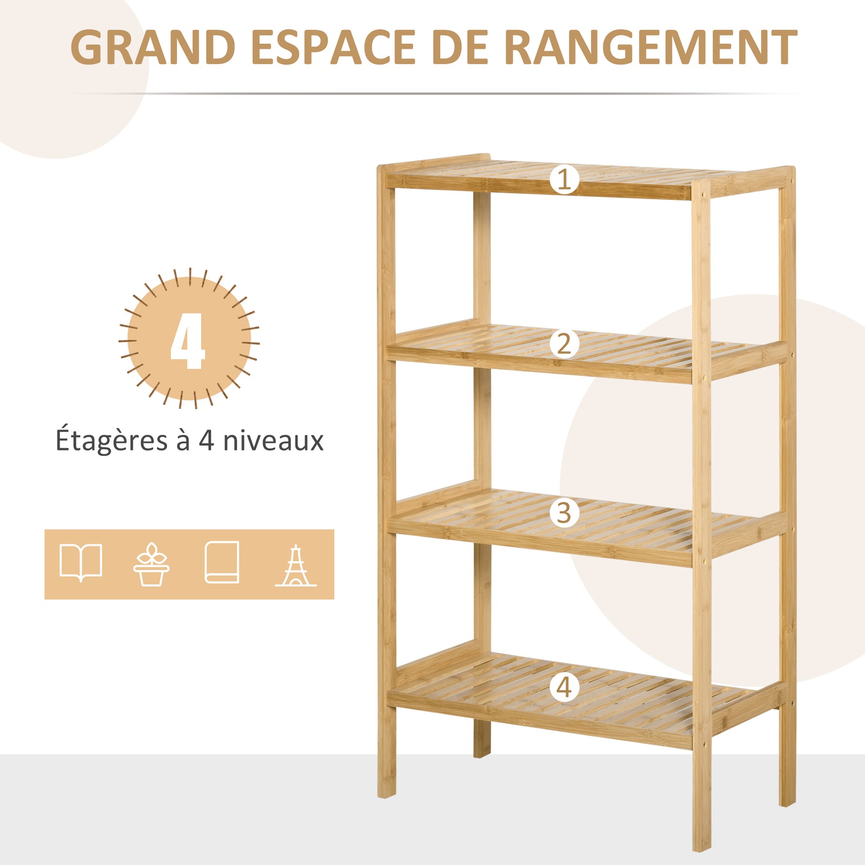 Étagère de rangement, étagère en bambou à 4 niveaux, bibliothèque pour salon, chambre et bureau,62 x 33 x 112 cm, bois naturel
