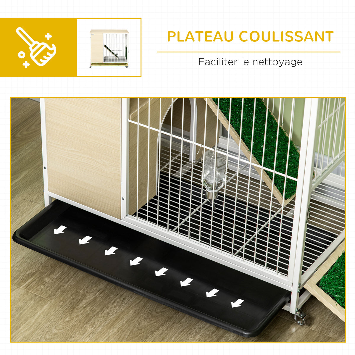 Cage à lapin clapier sur roulettes toit ouvrant plates-formes avec plateau amovible 78 x 52,5 x 76,5 cm naturel