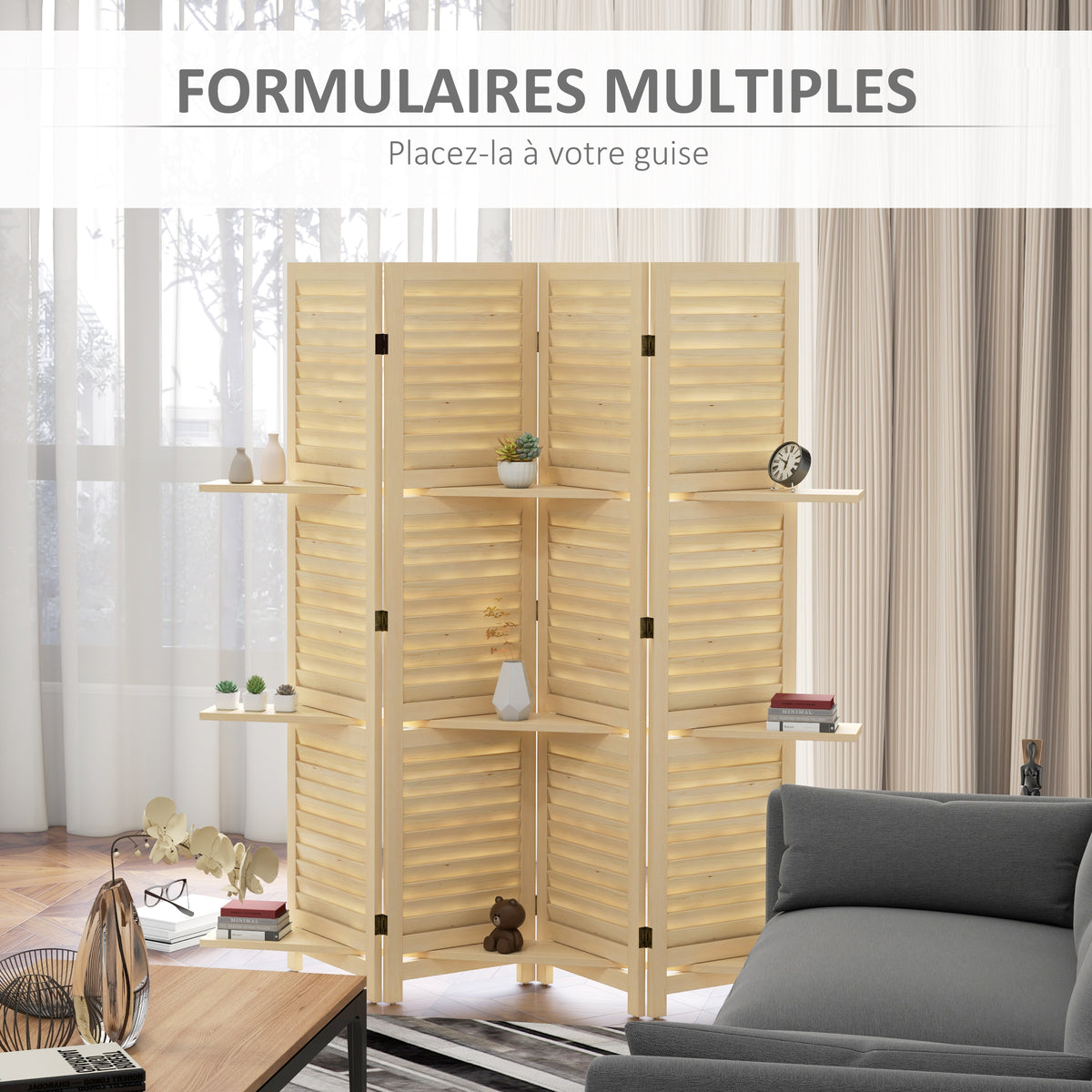 Paravent intérieur 4 panneaux 160L x 170H cm 3 étagères pliables séparateur de pièce portes persiennes naturel