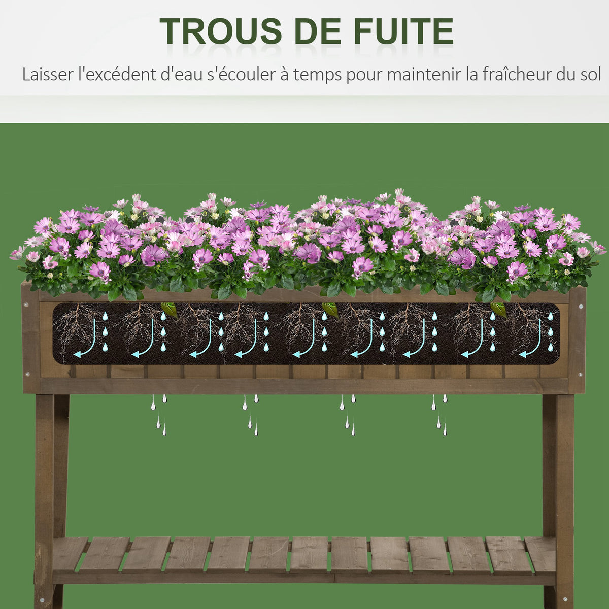 Jardinière sur Pieds carré Potager étagère dim. 110L x 46l x 76H cm 8 Compartiments Inserts d'irrigation Bois de Sapin