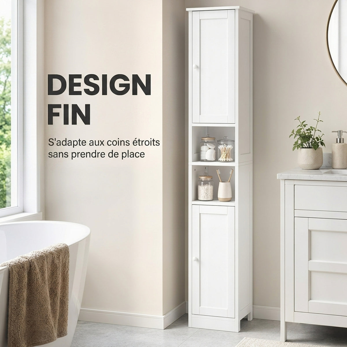 Mueble de baño alto, mueble de almacenamiento con 2 puertas, 2 compartimentos abiertos, estante ajustable, blanco