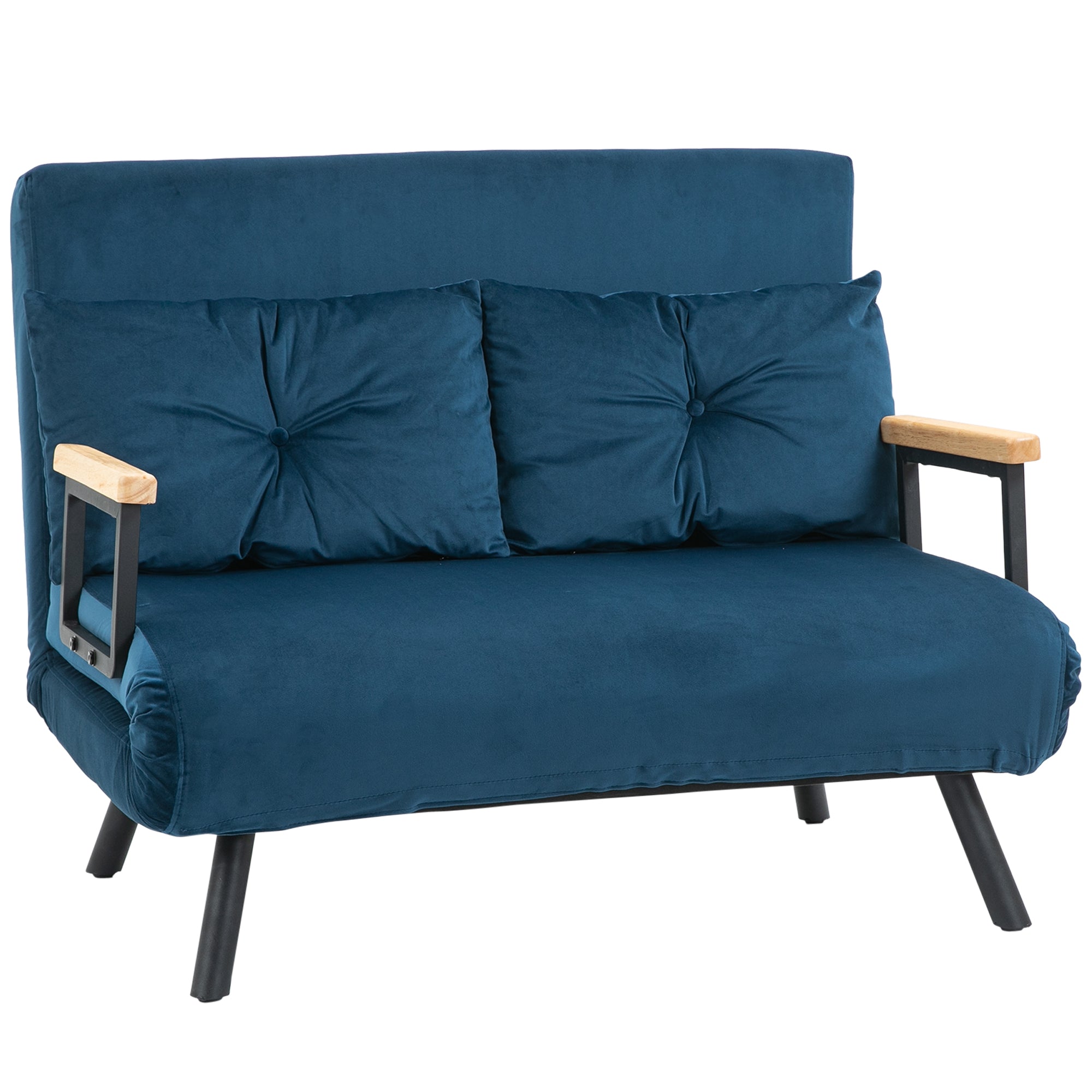 Canapé convertible 2 places avec dossier réglable à 5 niveaux et 2 coussins rembourrés, revêtement effet velours, bleu-0
