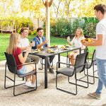 Ensemble de Salle à Manger d'Extérieur 7 Pièces pour 6 Personnes, Table en Verre et Chaises en Maille avec Accoudoirs Décoratifs, Gris