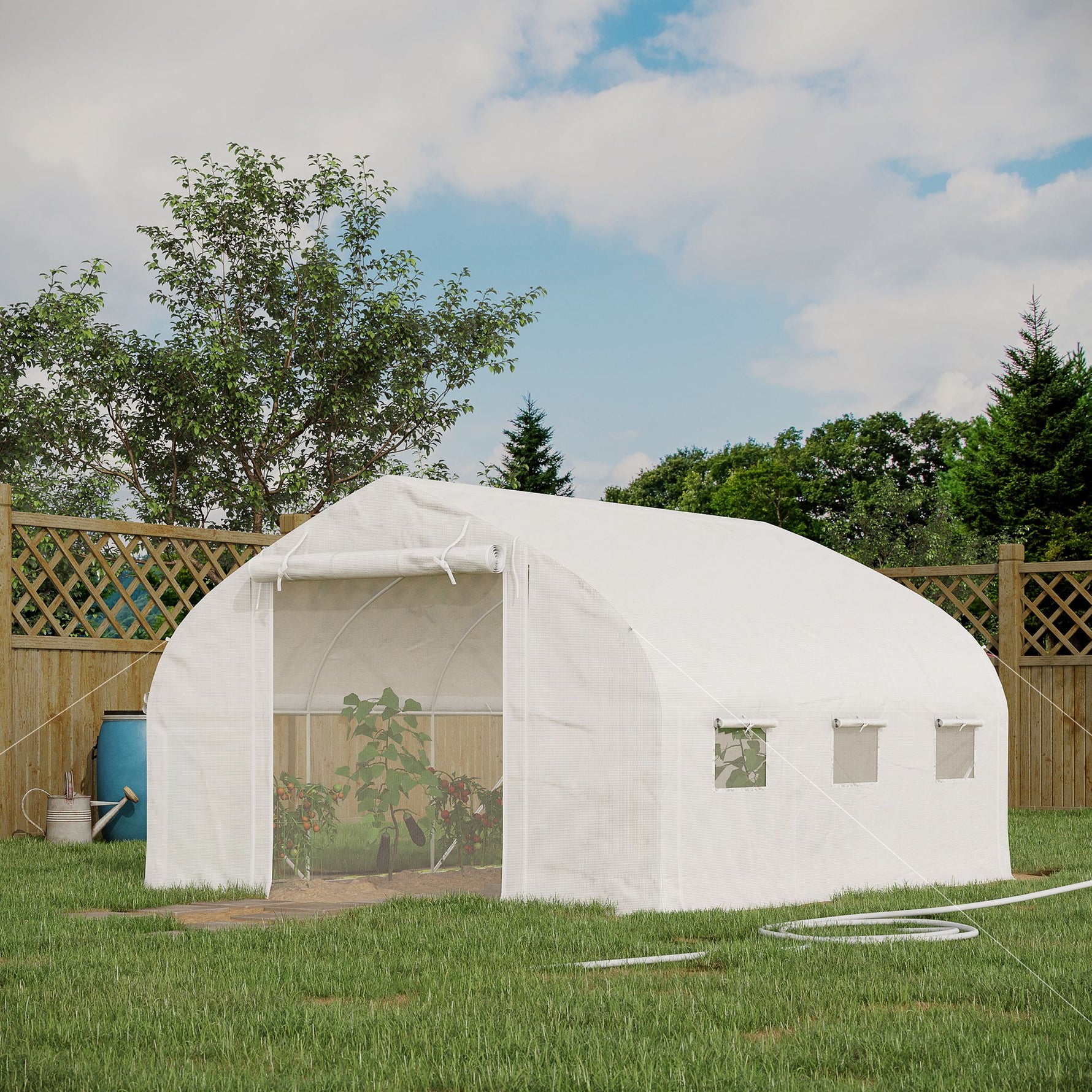Serre de jardin tunnel 10,4 m² serre de jardin anti-UV porte zippée enroulable fenêtres maille 350 x 300 x 200 cm blanc