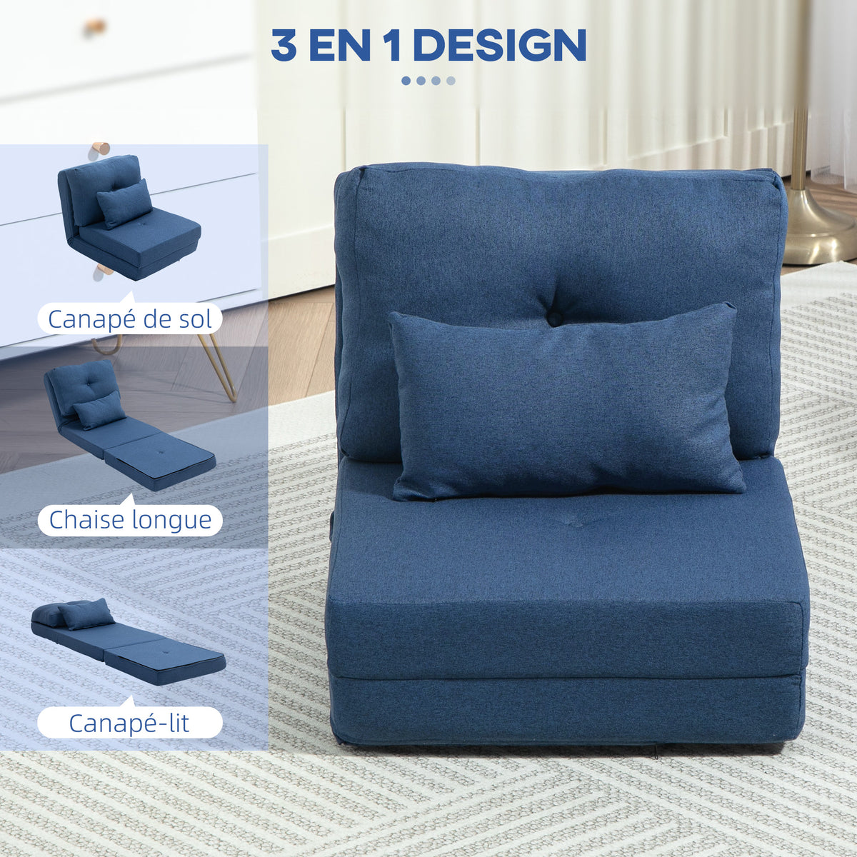 Sillón cama convertible individual con 1 cojín y respaldo ajustable, azul oscuro