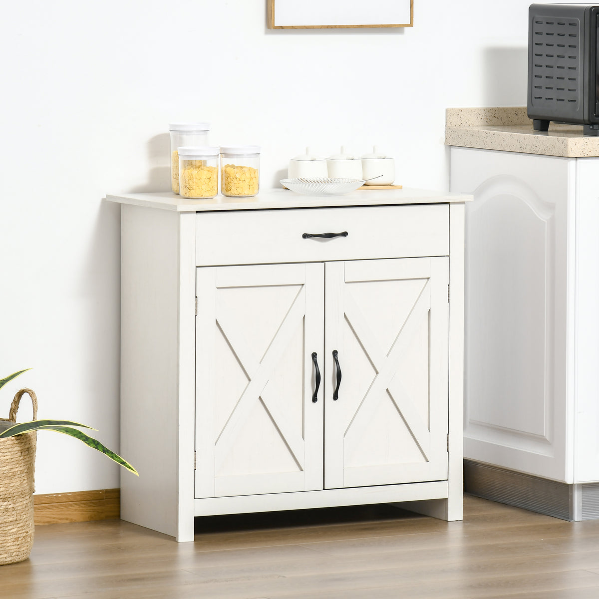Buffet salon, meuble de rangement avec tiroir, 2 portes de grange et étagère réglable, 80 x 39,7 x 80 cm, blanc
