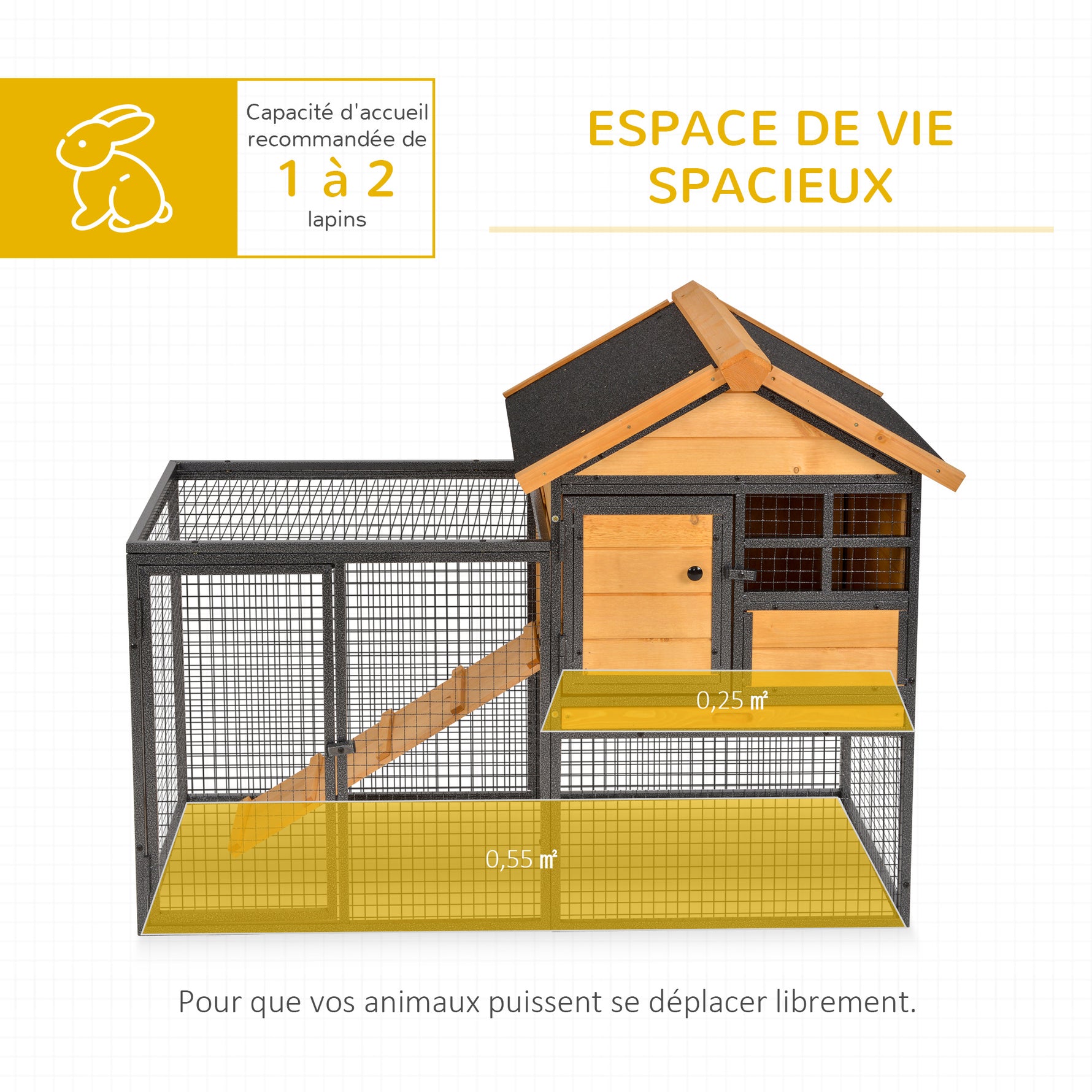 Clapier cage à lapins cottage - niche supérieure avec rampe et enclos extérieur - plateau excrément, fenêtre, 2 portes verrouillables - métal époxy sapin pré-huilé