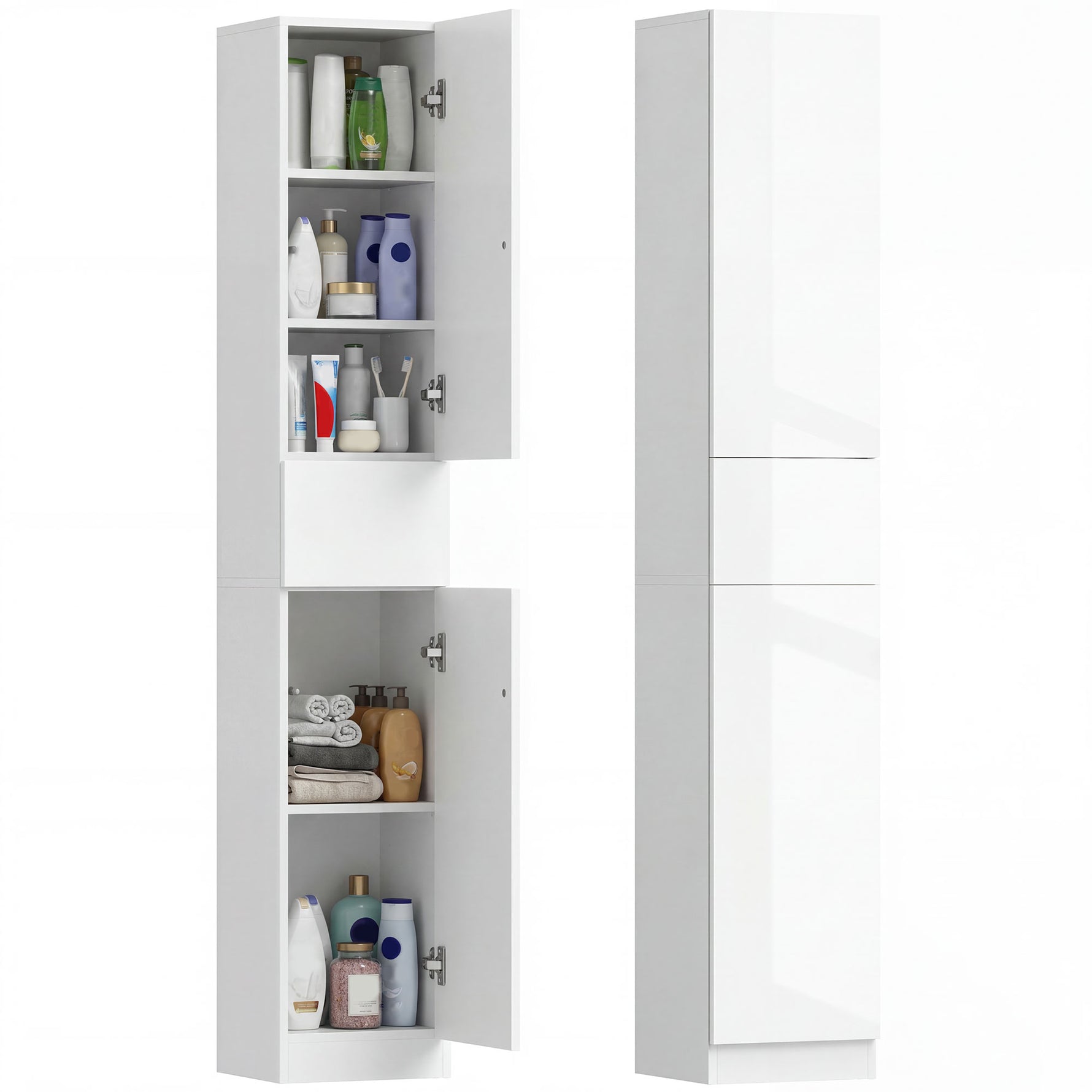Meuble colonne rangement salle de bain style contemporain 2 placards 3 étagères et 1 tiroir coulissant panneaux particules brillant dim. 30l x 28P x 170H cm blanc laqué
