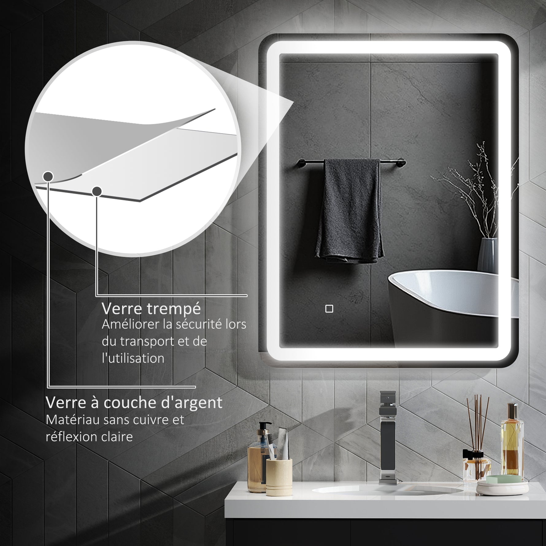 Miroir de salle de bain rectangulaire LED fonction anti-buée luminosité réglable fonction mémoire 70 x 90 cm argent