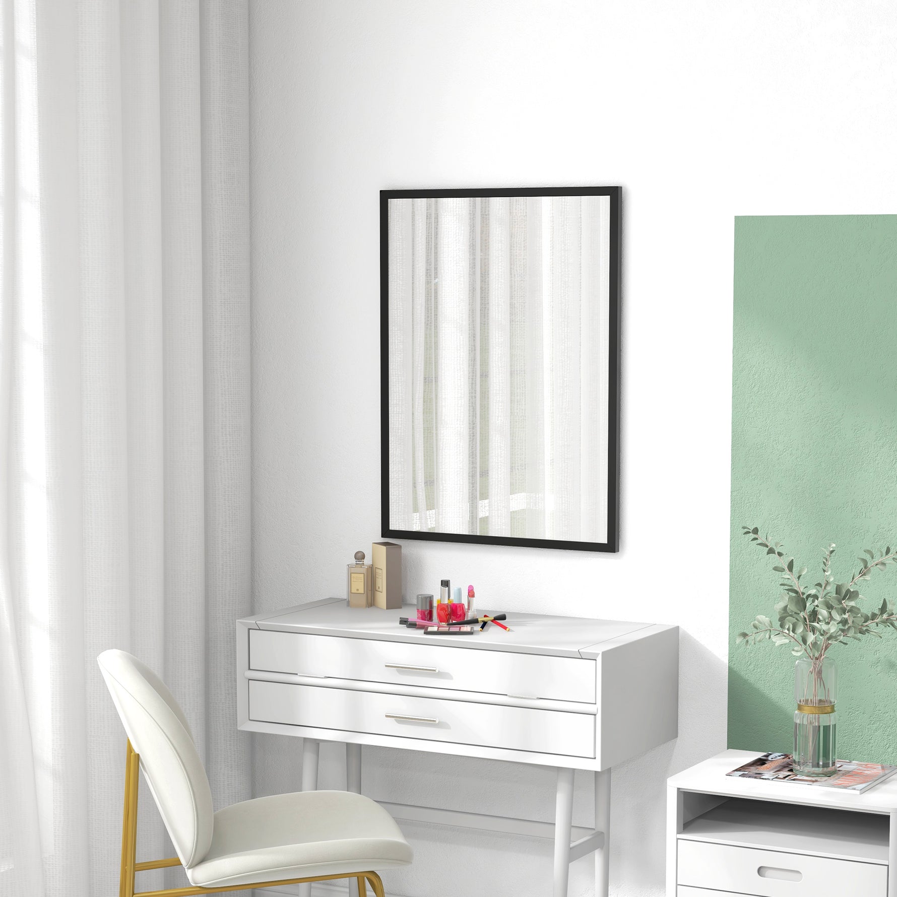 Miroir mural rectangulaire 80 x 60 cm, cadre en bois noir, idéal pour la salle de bain, salon ou chambre