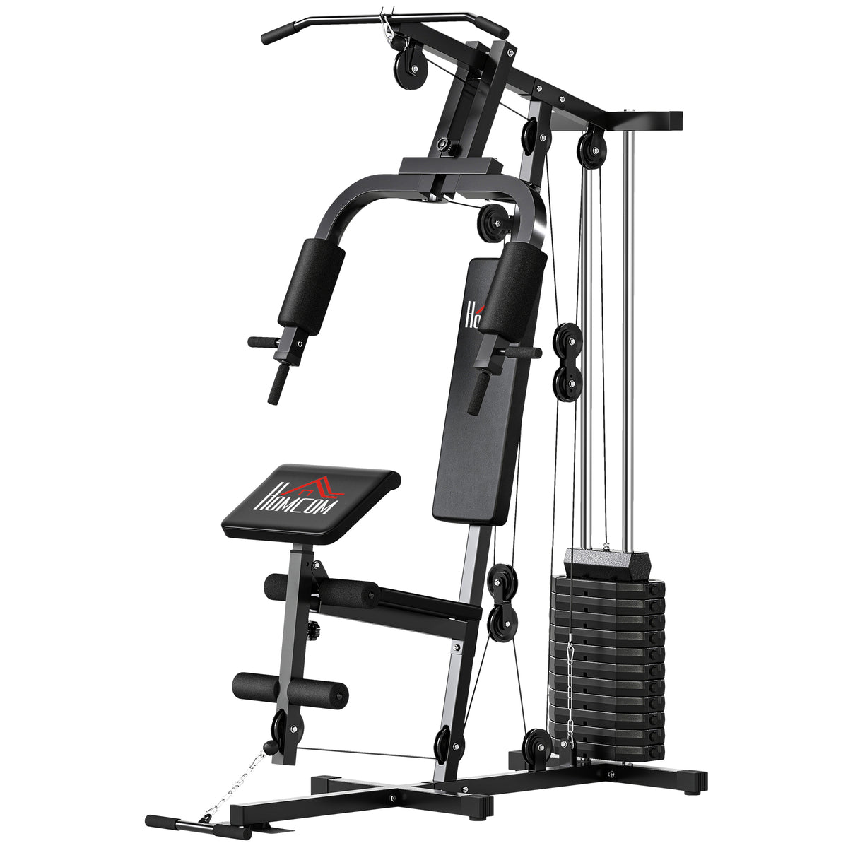 Stazione Multifunzione con Pacco Pesi da 65 kg, Doppia Carrucola, Nero