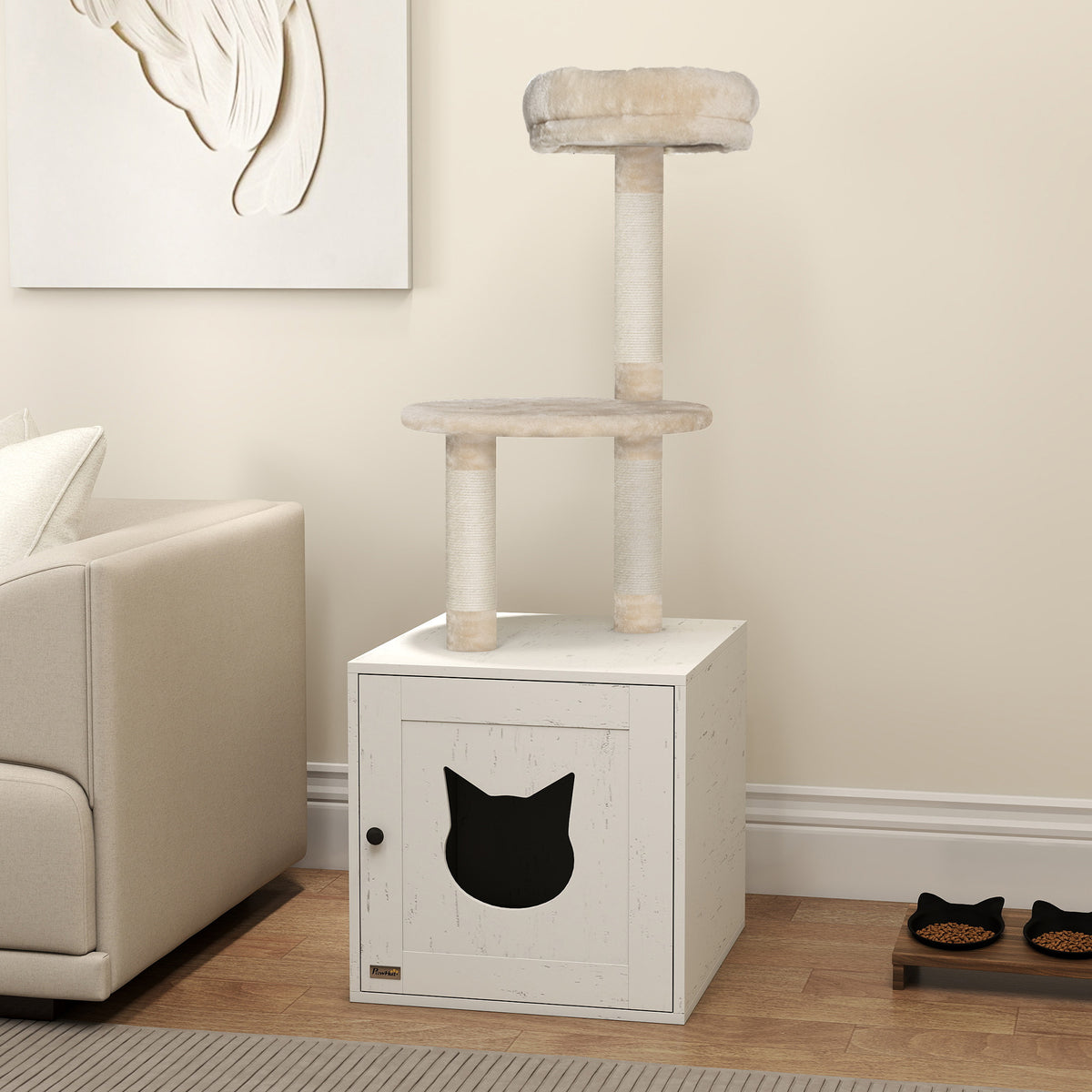Cat tree with litter box enclosure, 129 cm 2-in-1 play tower with litter house, scratching posts, cream