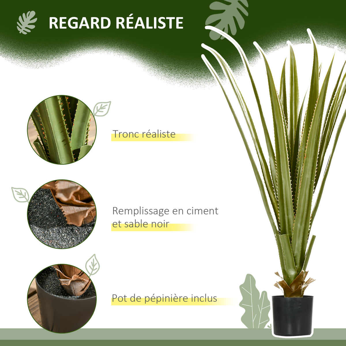 Plante artificielle type agave en pot hauteur 90 cm, 16 feuilles, interieur extérieur, grand réalisme