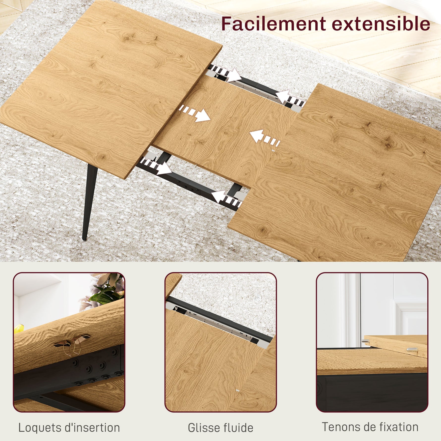 Table à manger pliante table extensible 120-160 cm jusqu'à 6 à 8 personnes avec pieds en acier, naturel