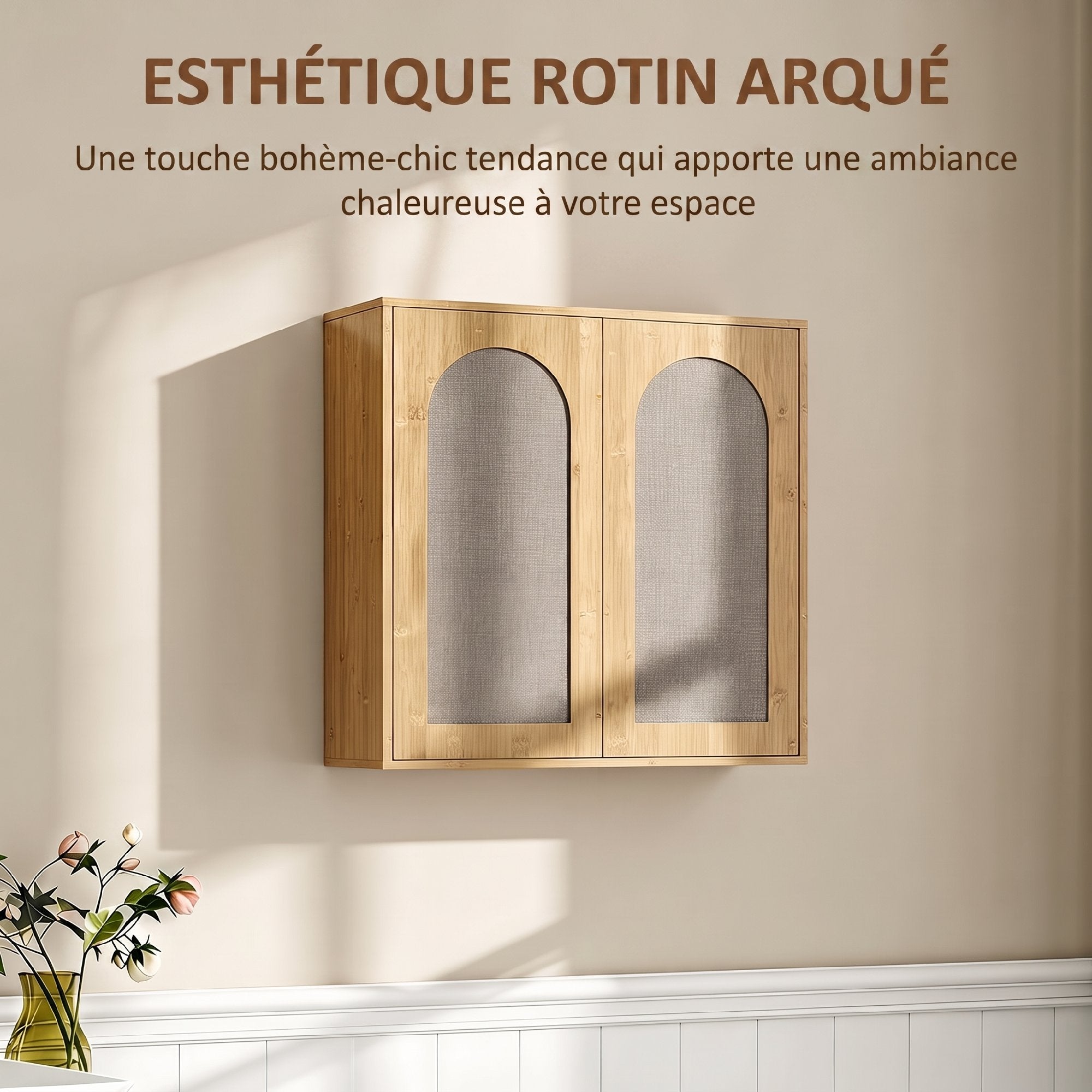 Armoire murale de salle de bain bohème avec 2 portes effet rotin à fermeture douce et étagère réglable, chêne