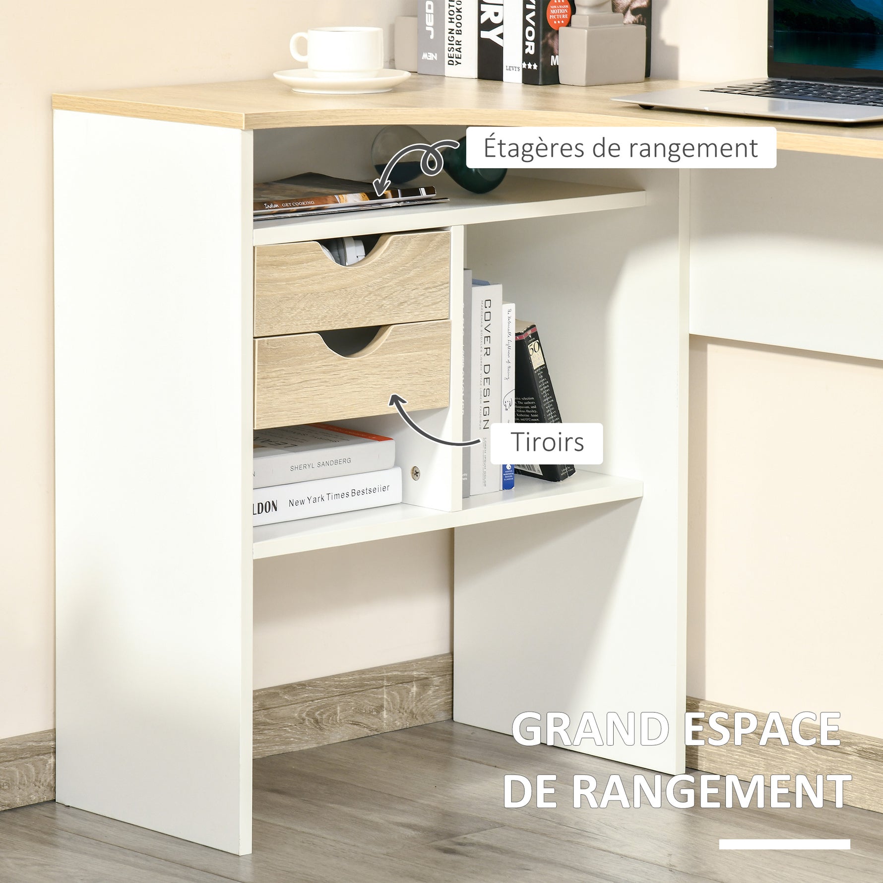 Bureau d'Angle avec 2 Tiroirs, 120 x 60 cm, Bureau en L avec 3 Compartiments Ouverts, Table Informatique pour Étudier, Travailler, Chambre, Maison, Chêne Clair