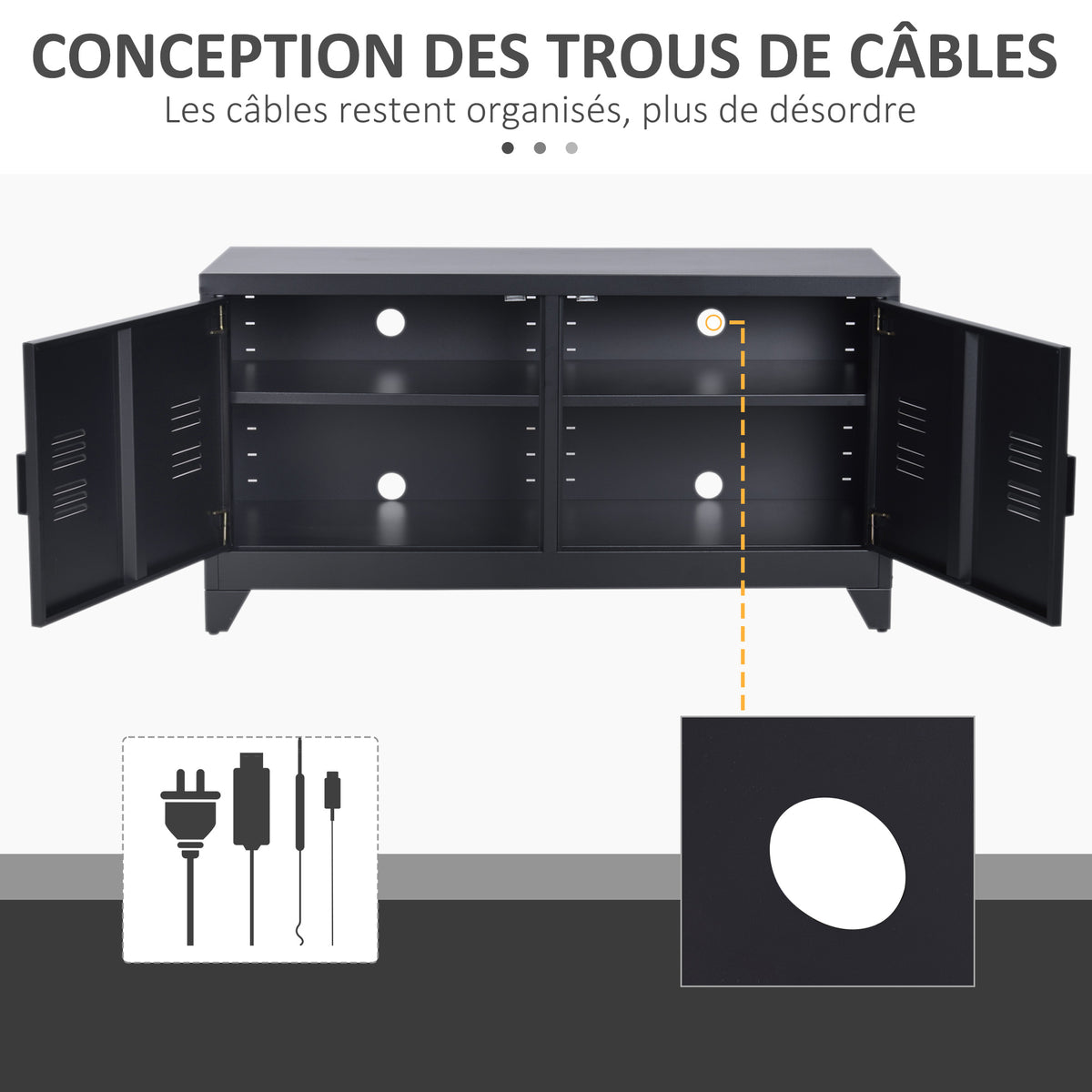 Meuble TV banc télévision design industriel 2 placards avec 2 étagères réglables passe-câbles structure acier noir