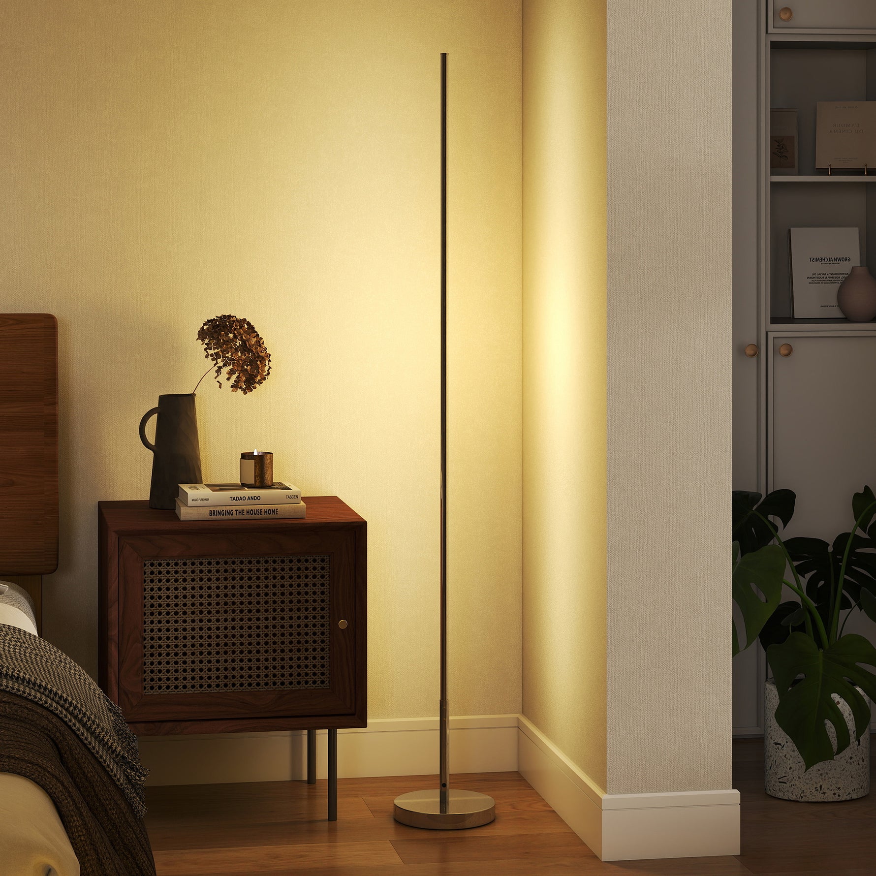 Lampadaire LED, lampadaire sur pied salon à intensité variable, télécommande, interrupteur à pied, Ø20x150cm, argent