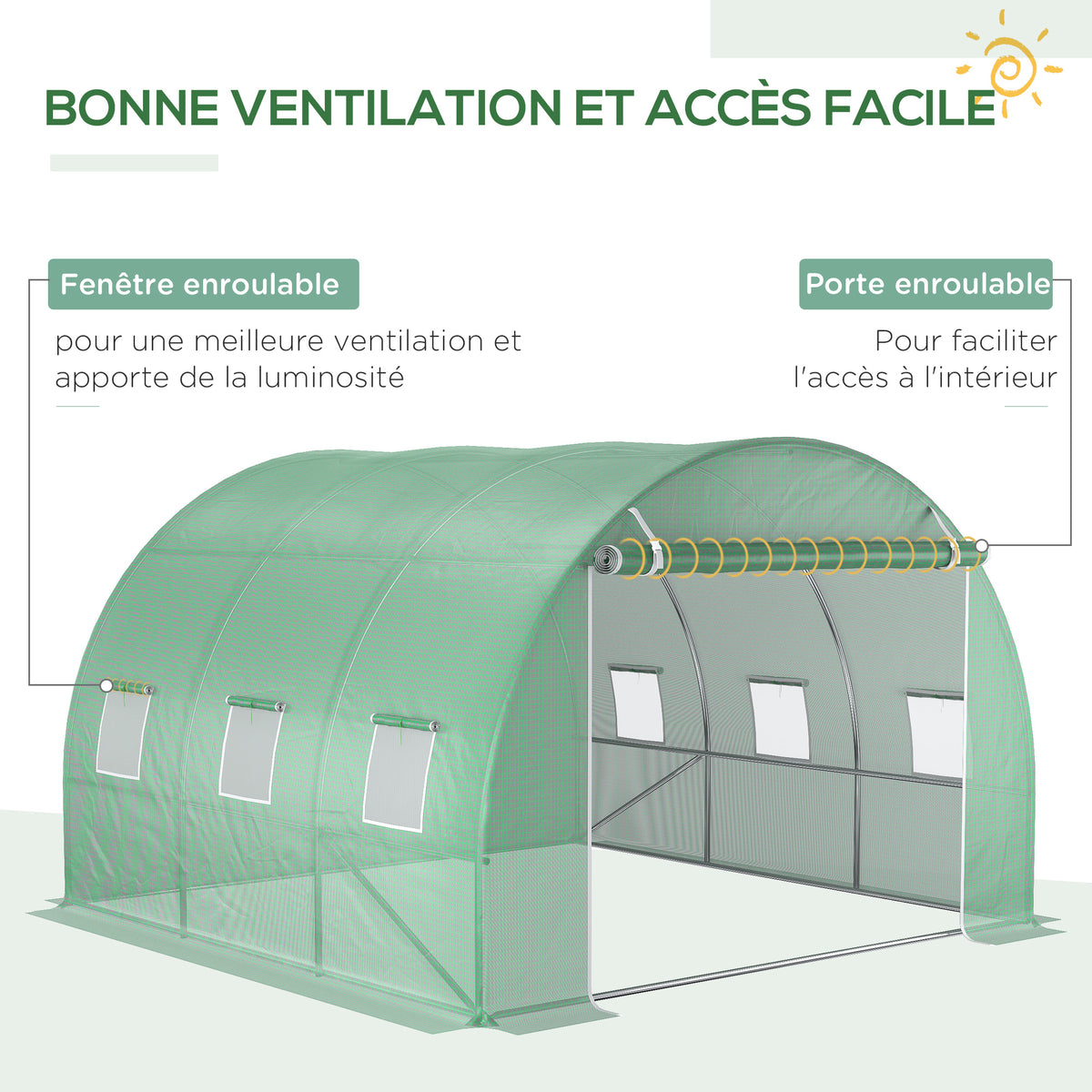 Bâche de Rechange Serre Tunnel 9 m², bâche 3 x 3 x 2 m PE Anti-UV imperméable 6 fenêtres + Porte Enroulable zippée Vert foncé