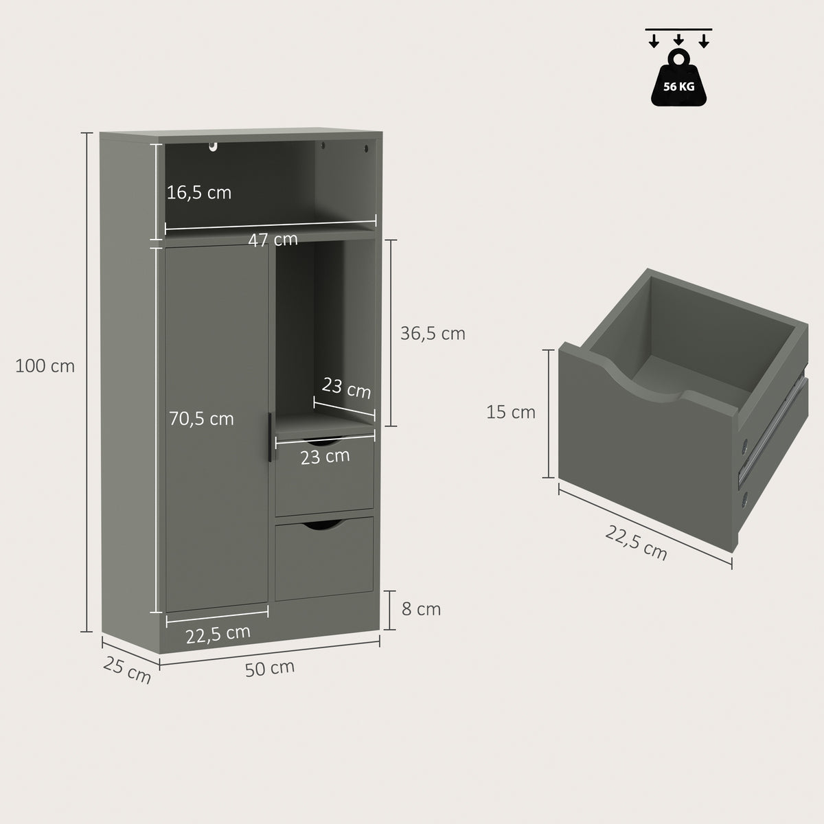 Mobiletto da bagno, mobile contenitore stretto con 2 cassetti, scomparti a giorno, 50x25x100 cm, verde chiaro