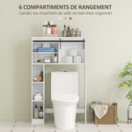 Meuble de rangement au-dessus des toilettes avec porte coulissante, Meuble étagère dessus WC, étagère réglable, blanc