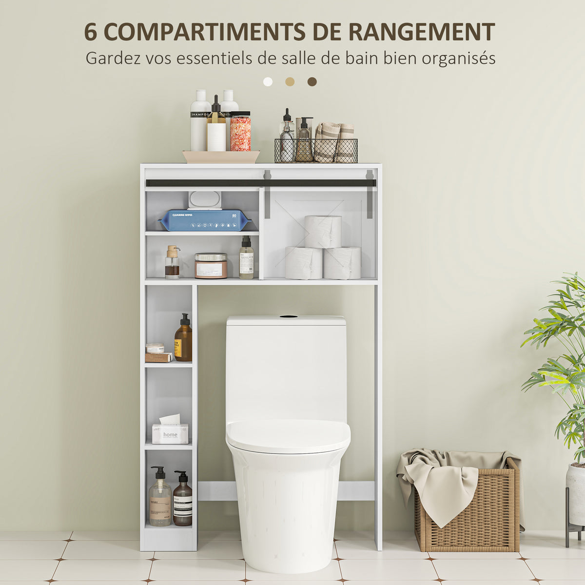 Meuble de rangement au-dessus des toilettes avec porte coulissante, Meuble étagère dessus WC, étagère réglable, blanc