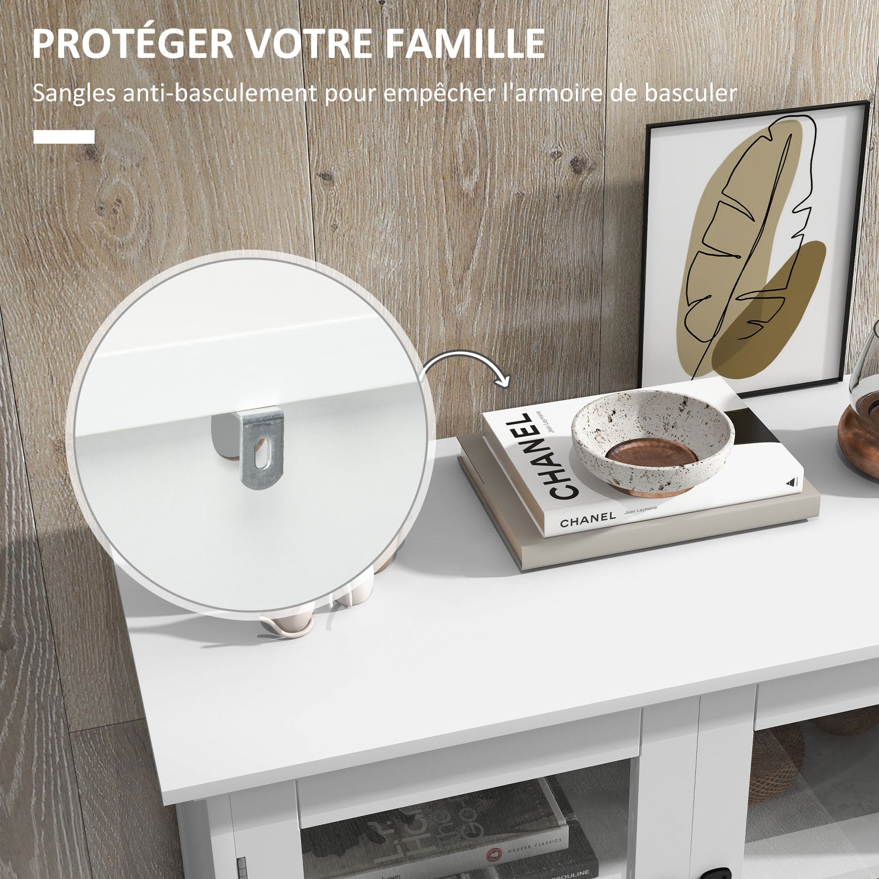 Buffet de cuisine armoire multi-rangements 2 placards, portes en verre, 4 étagères en bois blanc