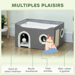 Niche Chat Interieur Pliable avec Griffoir, Lit Surélevé, Entrées, Jouet Suspendu, Coussin Réversible, 60x40x34cm, Gris