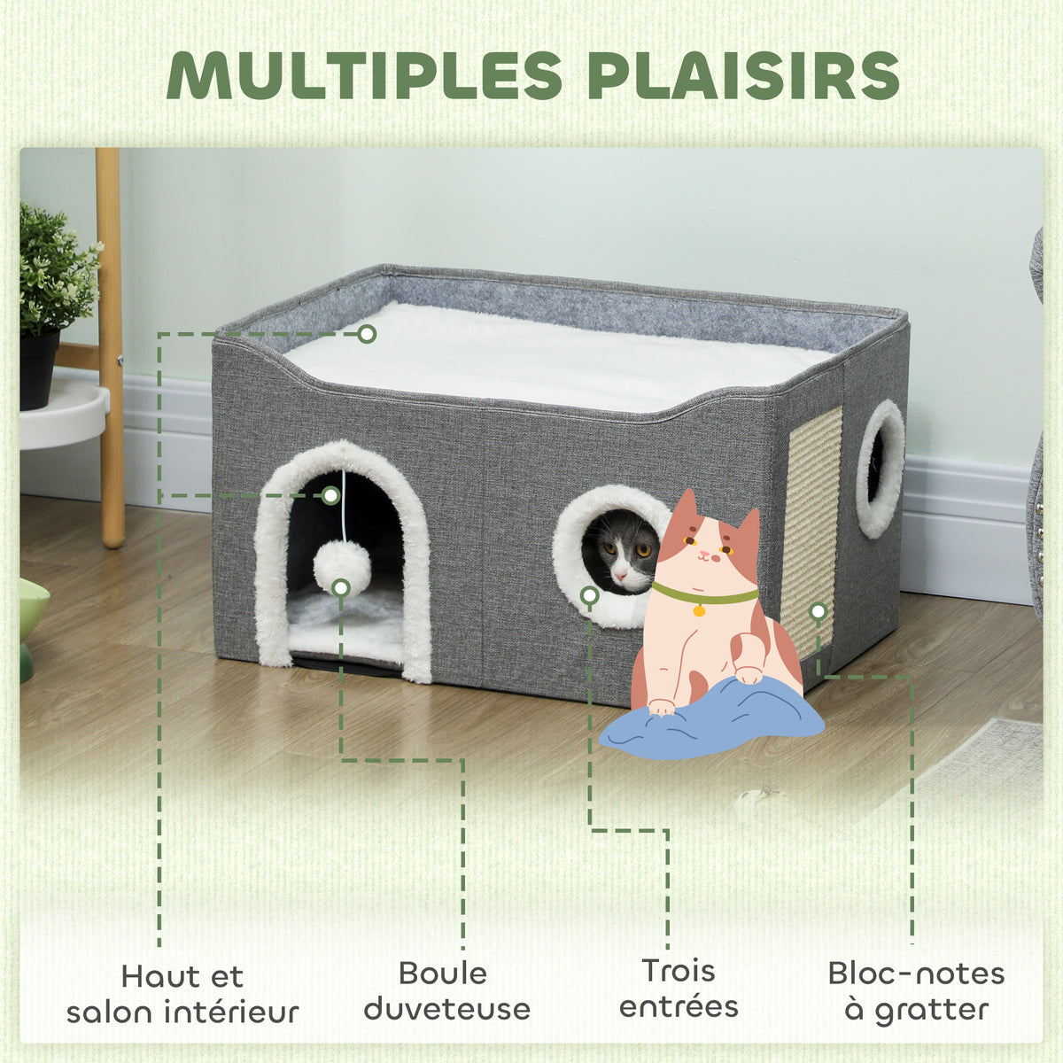 Niche Chat Interieur Pliable avec Griffoir, Lit Surélevé, Entrées, Jouet Suspendu, Coussin Réversible, 60x40x34cm, Gris
