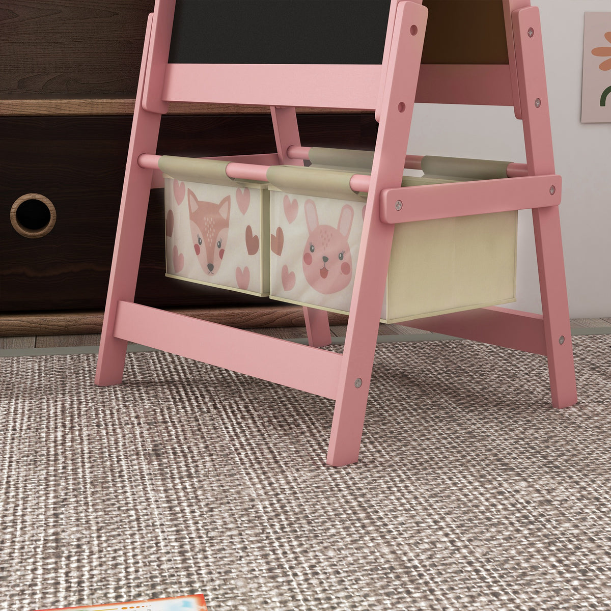 Kids' double-sided easel chalkboard with paper roll, 2 baskets, 54 x 46.5 x 93 cm, pink
