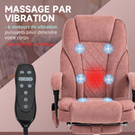Fauteuil de bureau massant et chauffant hauteur réglable dossier inclinable télécommande repose-pieds rétractable rose