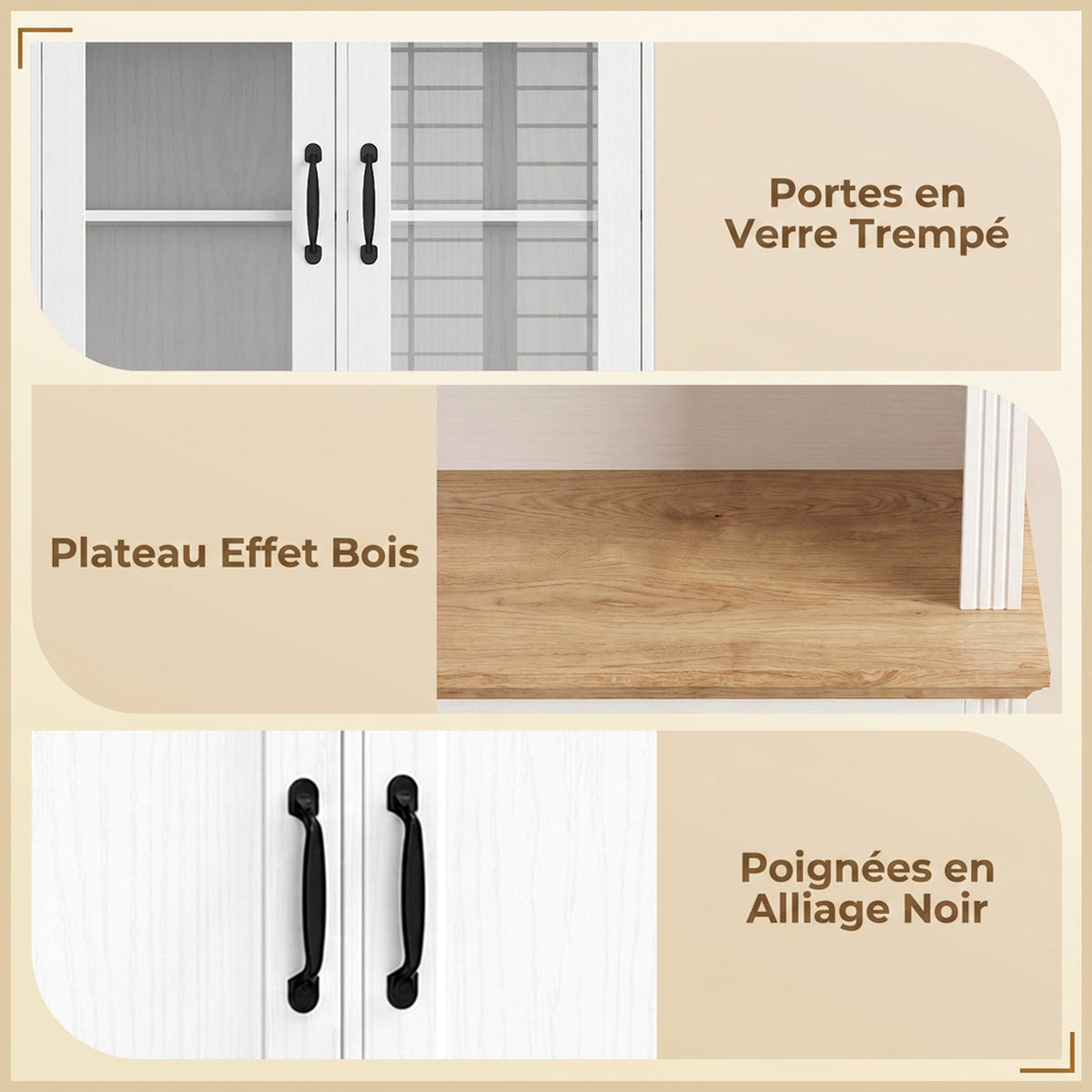 Buffet Haut Cuisine, Armoire Cuisine, 4 Portes dont 2 en Verre, 2 Tiroirs, Plan de Travail, Étagères Réglables, Blanc