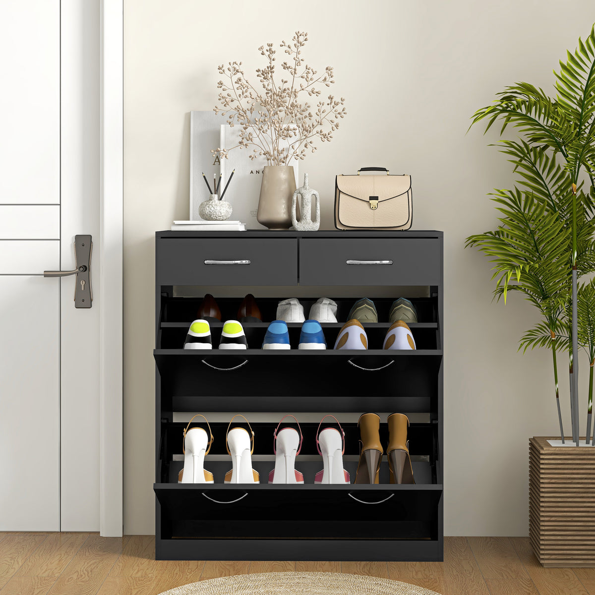 Shoe cabinet with 2 drawers and 2 drop-down doors with adjustable shelf, aluminum handles. 80 x 30 x 91.5 cm, Black