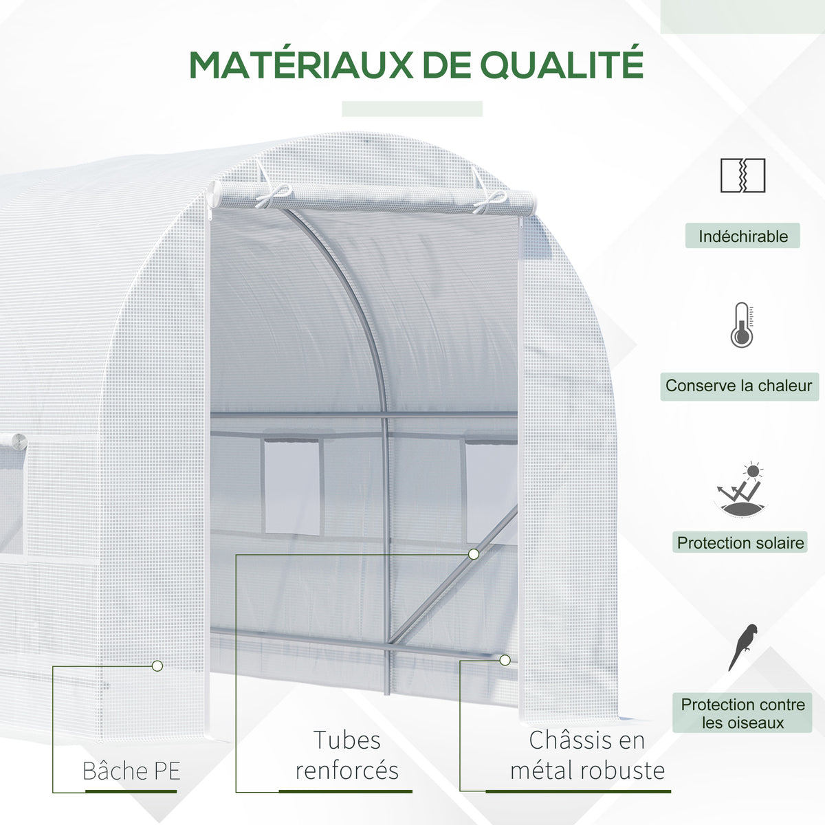 Serre tunnel de jardin 9m², serre de jardin tunnel avec porte et 6 fenêtres, bâche PE 140 g/m² 445 x 200 x 200 cm blanc